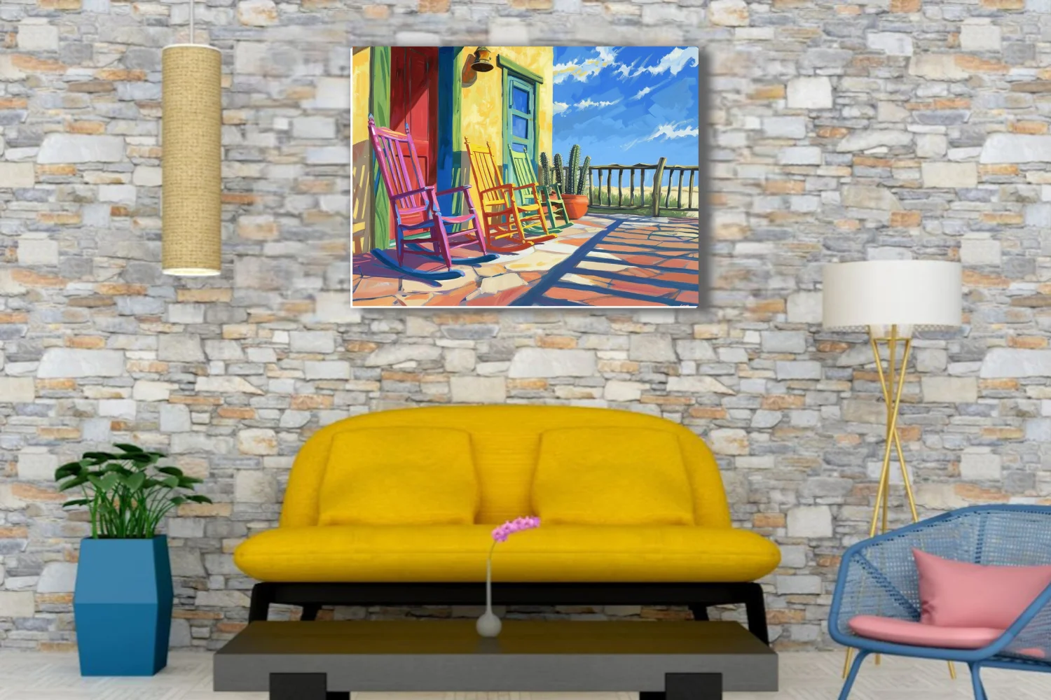 Intensely colored colorful rocking chairs on adobe porch with cacti and blue sky