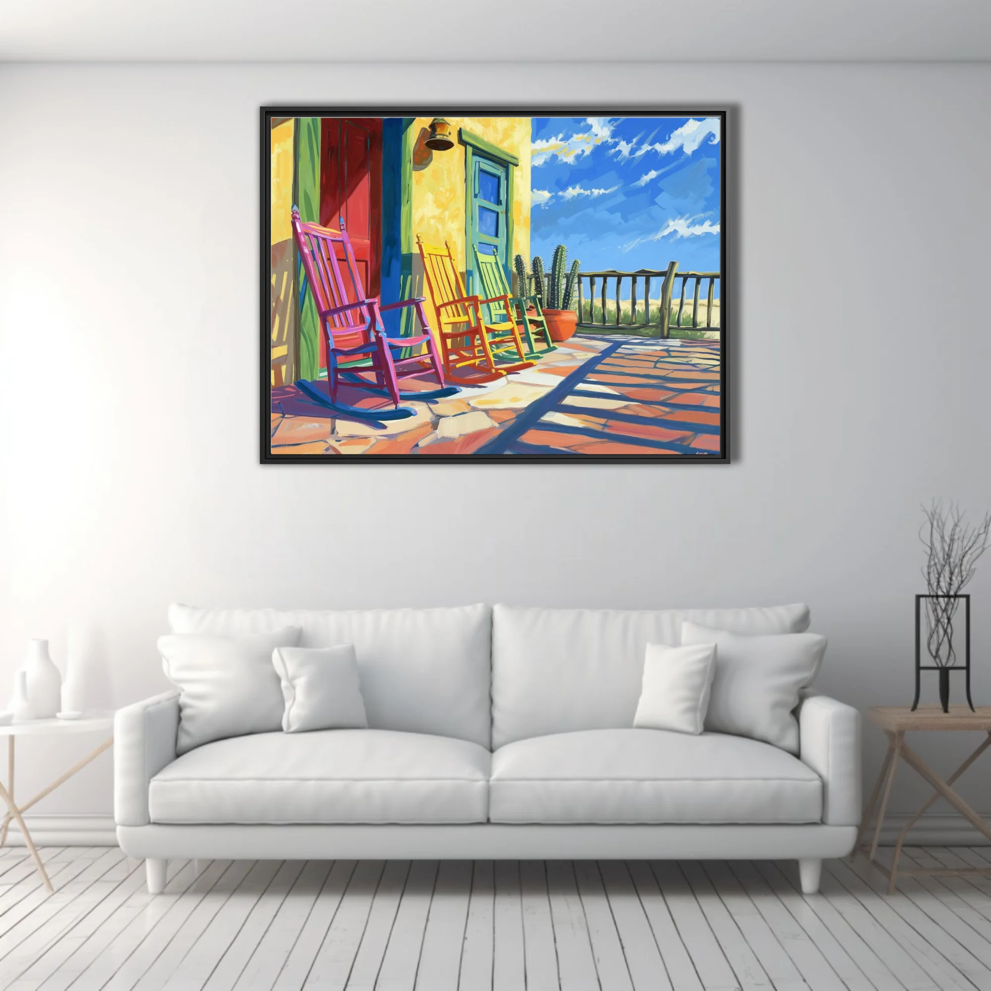 Intensely colored colorful rocking chairs on adobe porch with cacti and blue sky