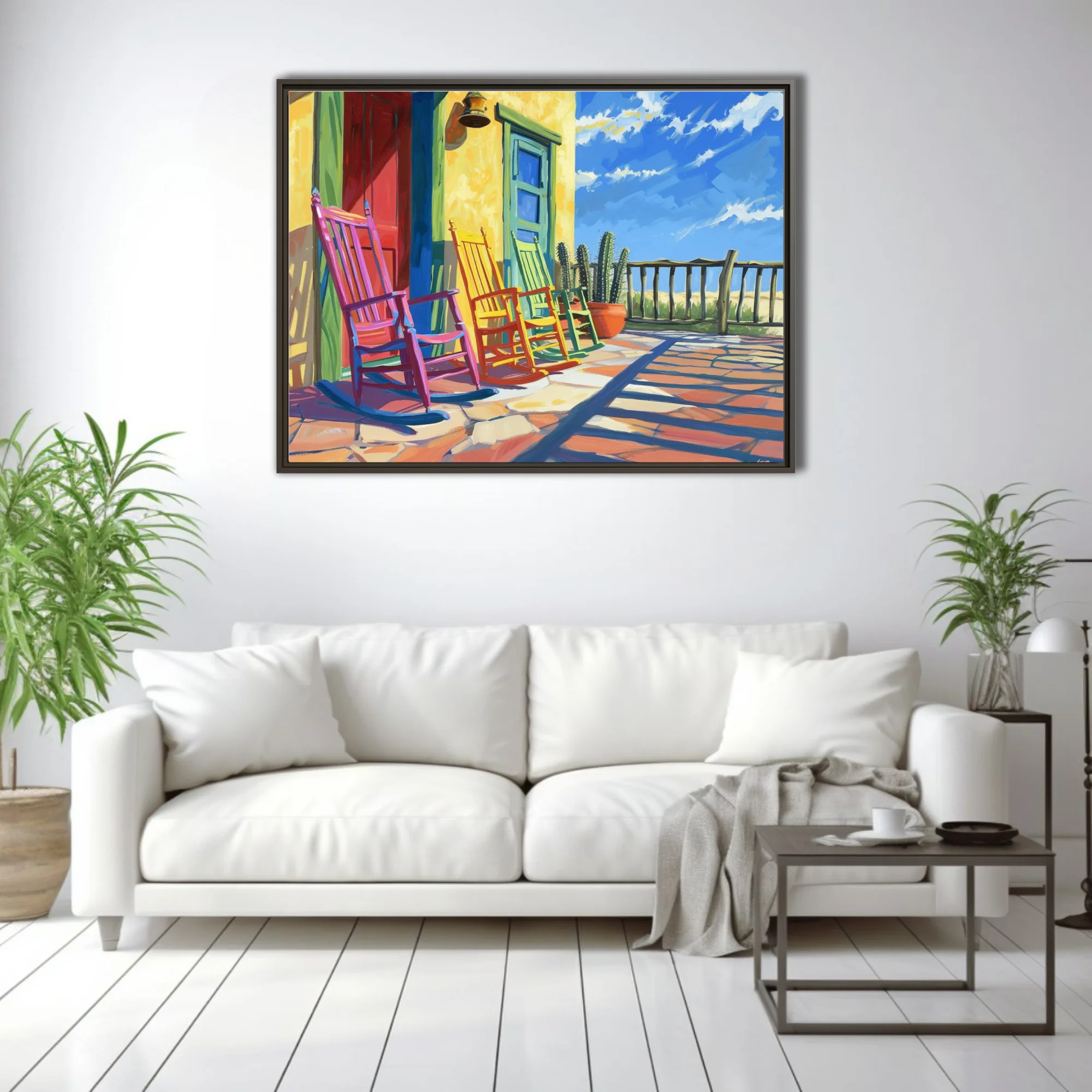 Intensely colored colorful rocking chairs on adobe porch with cacti and blue sky