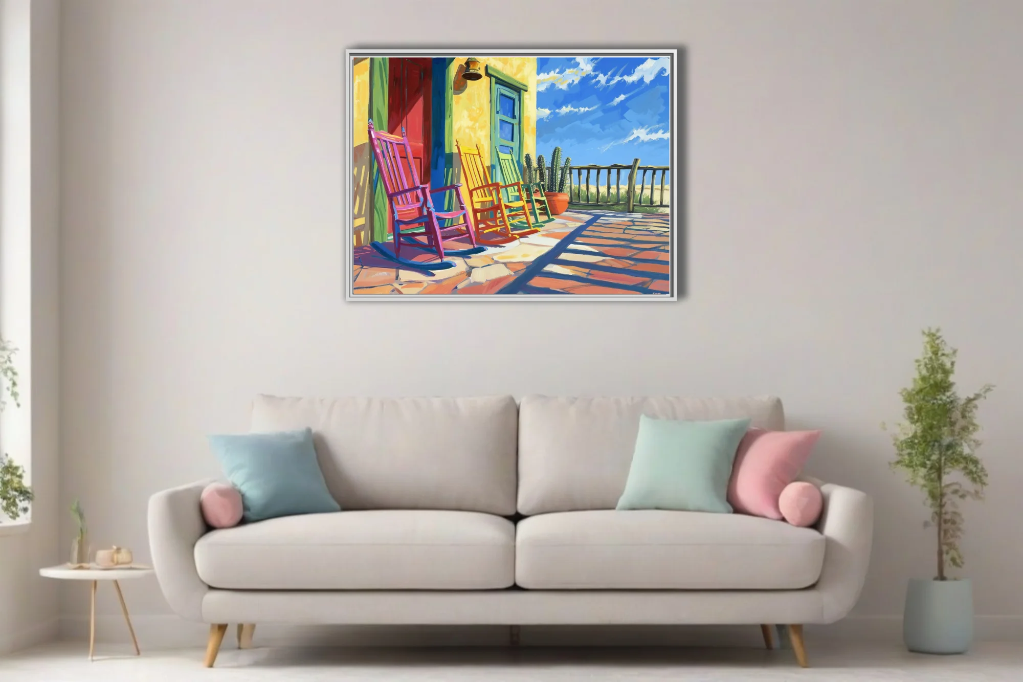 Intensely colored colorful rocking chairs on adobe porch with cacti and blue sky
