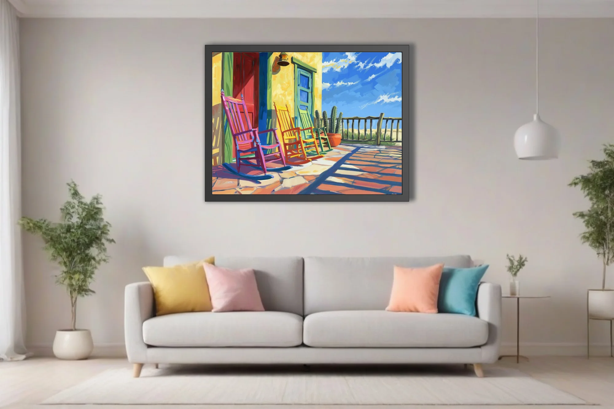 Intensely colored colorful rocking chairs on adobe porch with cacti and blue sky