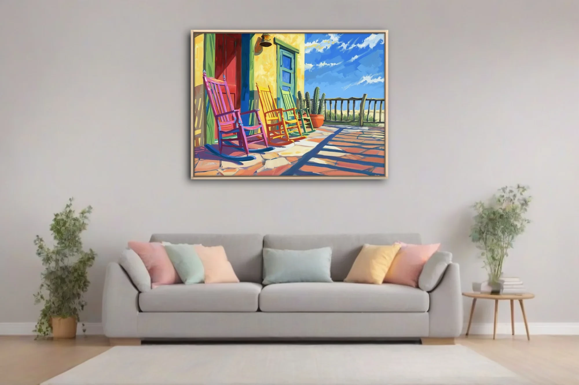 Intensely colored colorful rocking chairs on adobe porch with cacti and blue sky