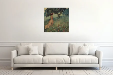 Decorative figure in floral dress among wildflowers, watercolor-style, soft peach and green