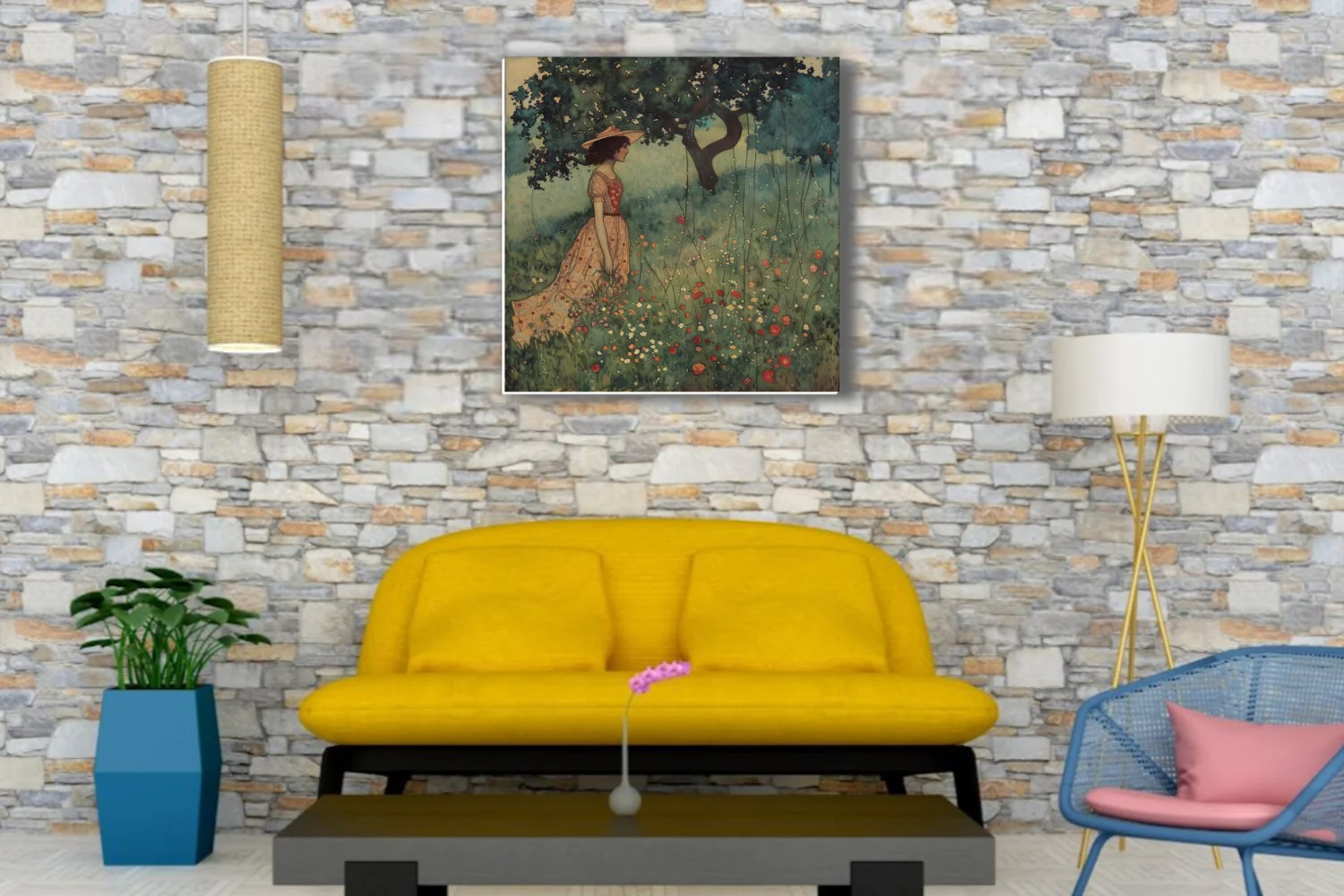 Decorative figure in floral dress among wildflowers, watercolor-style, soft peach and green