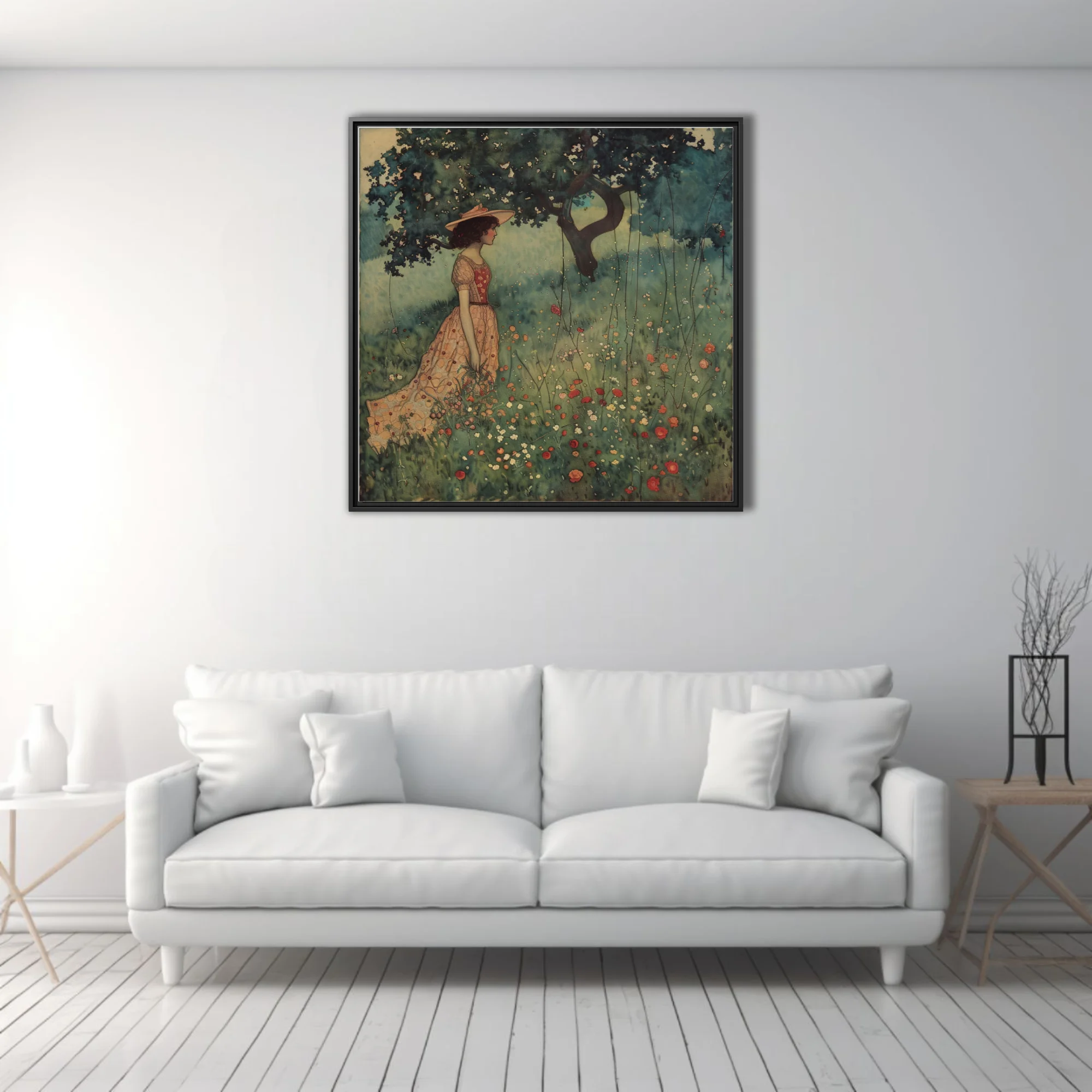 Decorative figure in floral dress among wildflowers, watercolor-style, soft peach and green