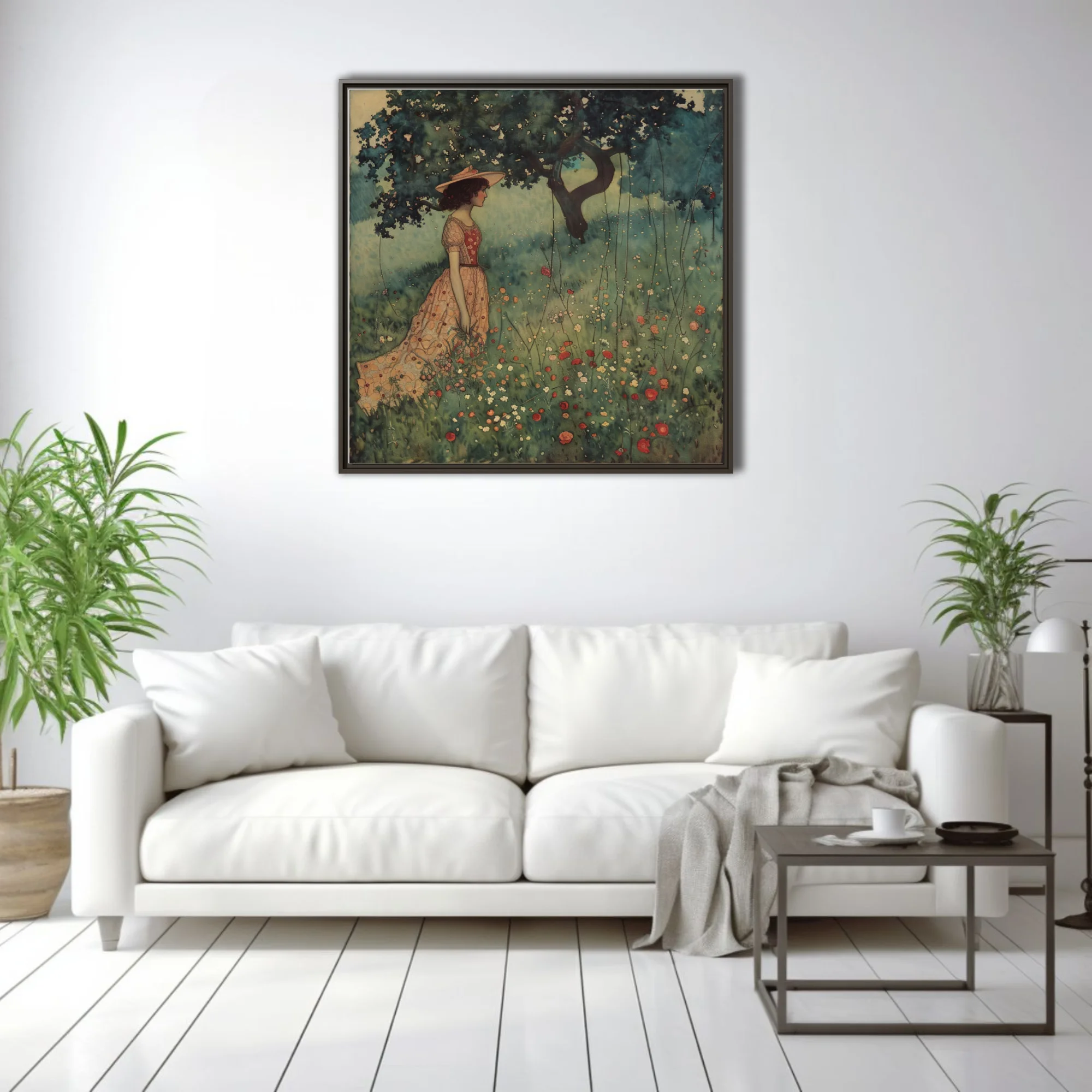 Decorative figure in floral dress among wildflowers, watercolor-style, soft peach and green