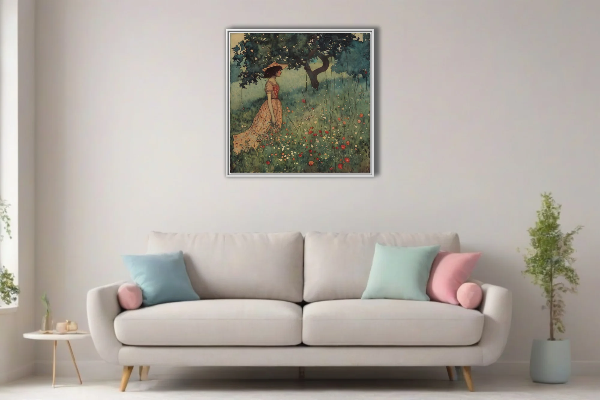 Decorative figure in floral dress among wildflowers, watercolor-style, soft peach and green