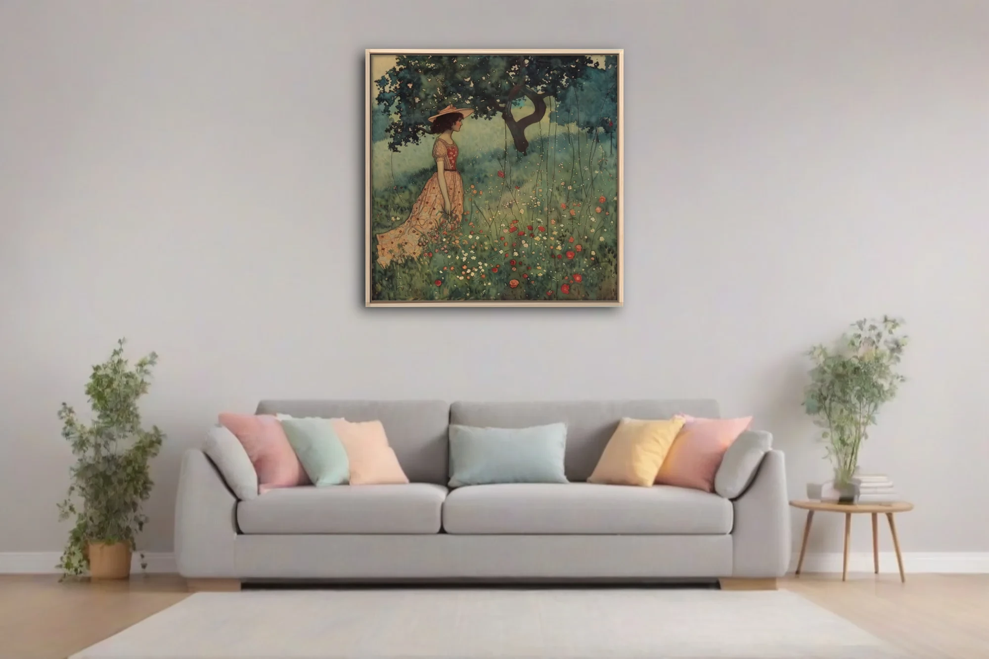 Decorative figure in floral dress among wildflowers, watercolor-style, soft peach and green