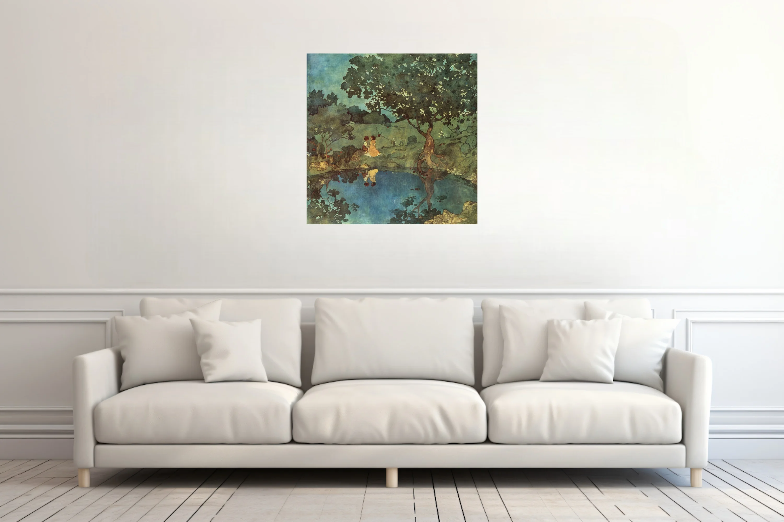 Decorative romantic woodland scene, teal and green watercolor-style washes, figures by a reflective pool