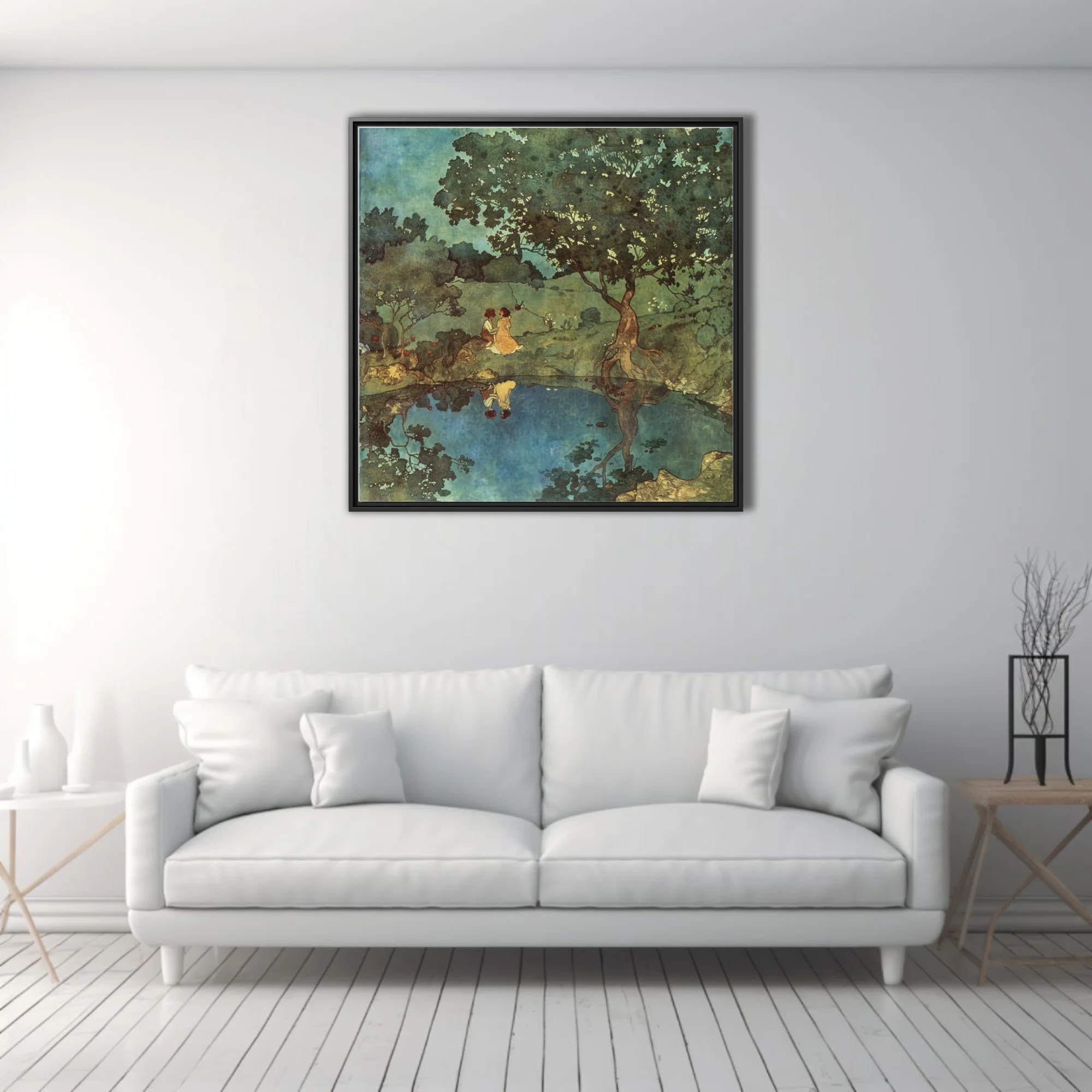 Decorative romantic woodland scene, teal and green watercolor-style washes, figures by a reflective pool