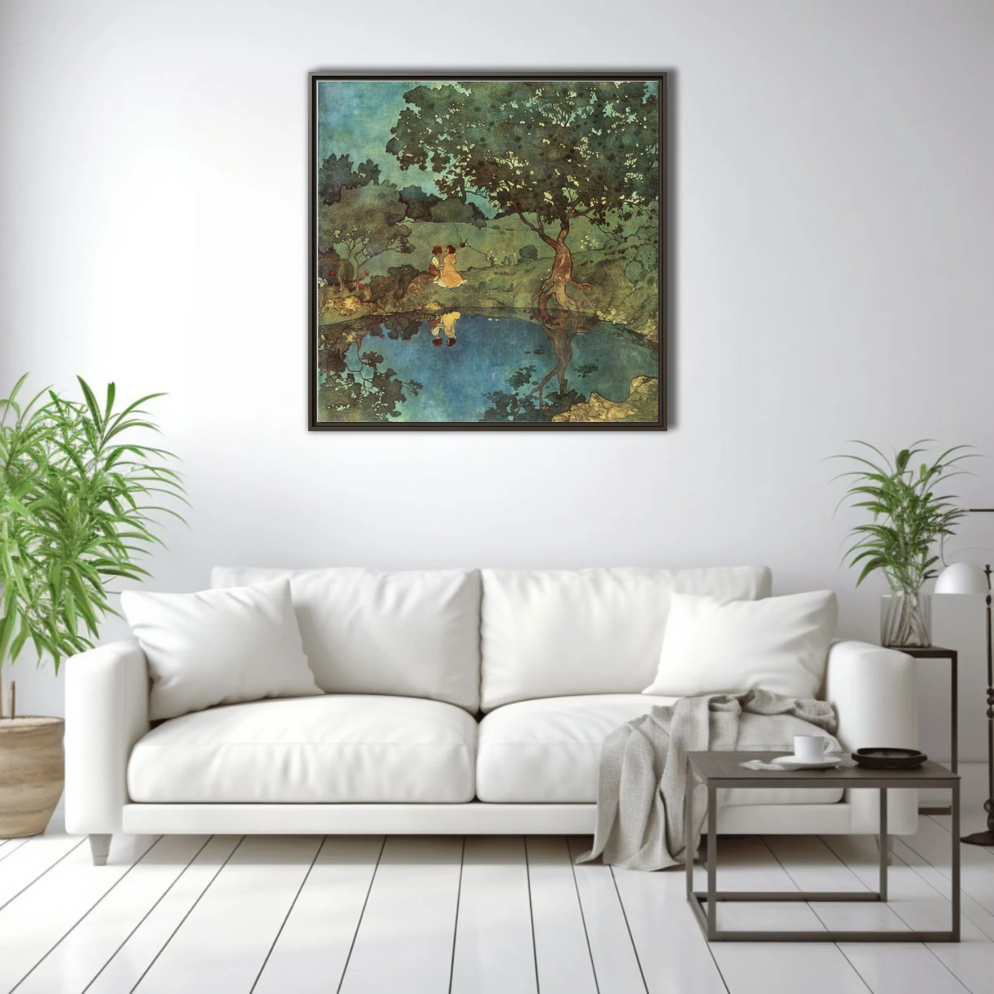 Decorative romantic woodland scene, teal and green watercolor-style washes, figures by a reflective pool