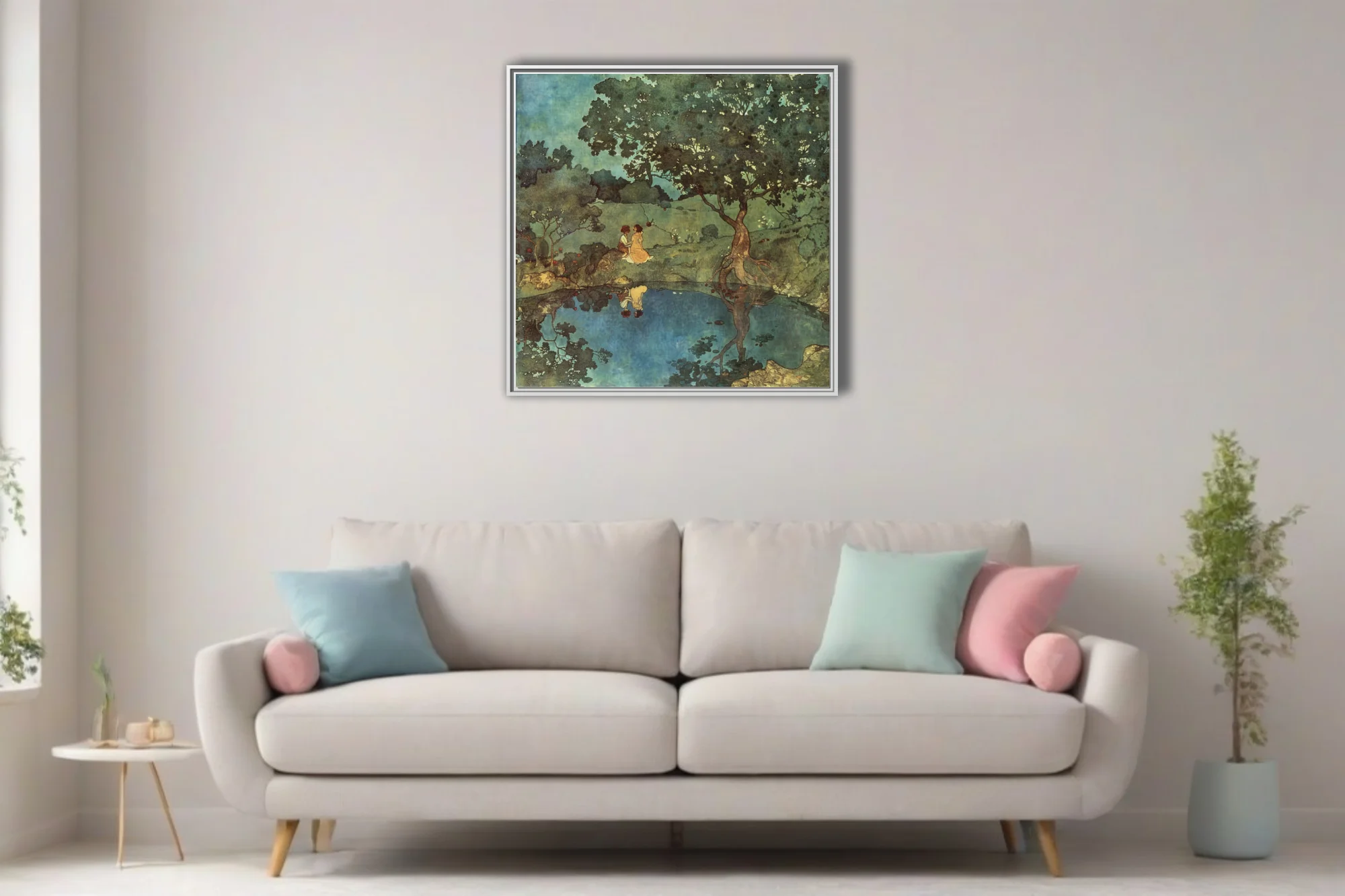 Decorative romantic woodland scene, teal and green watercolor-style washes, figures by a reflective pool