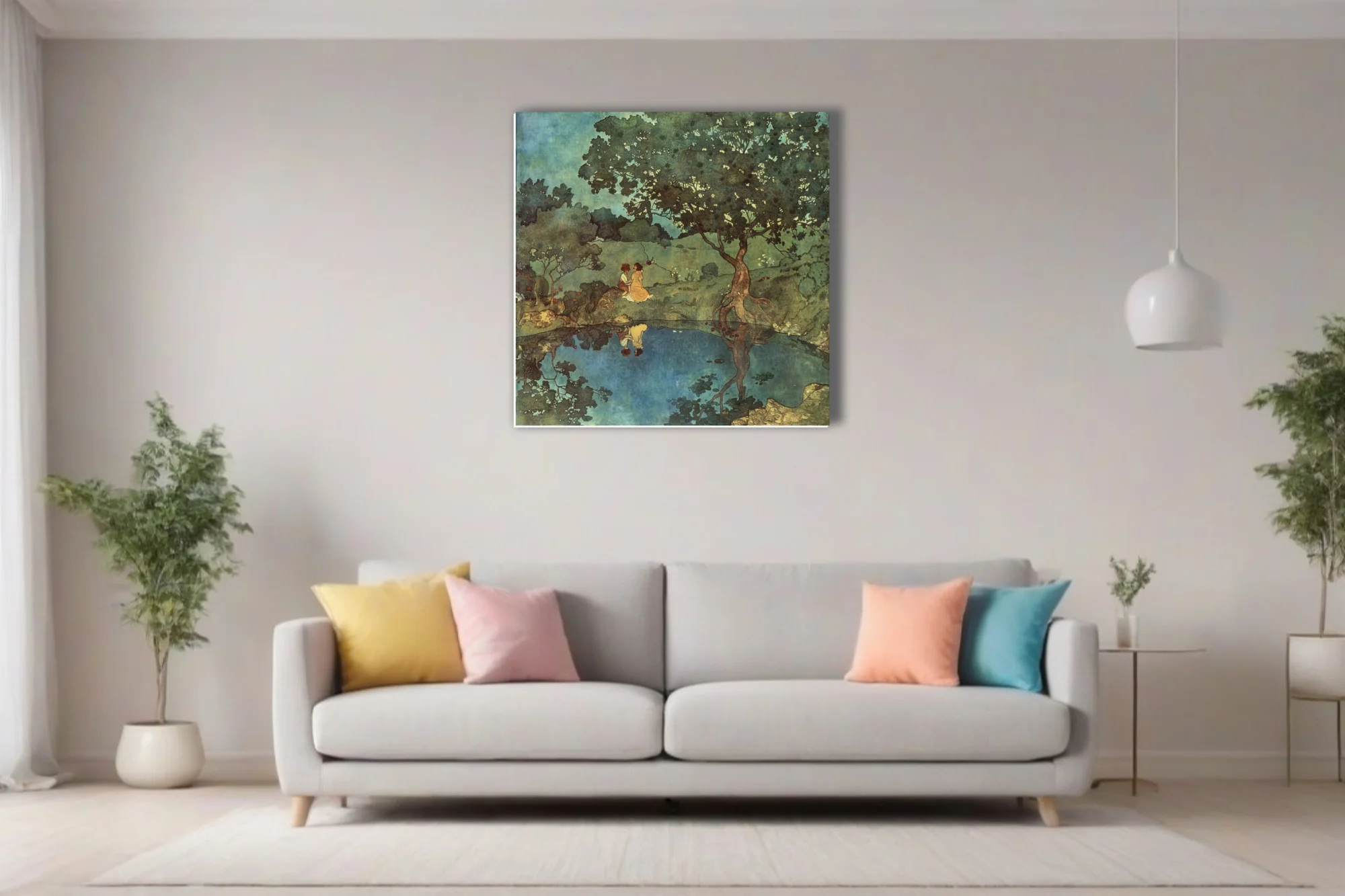Decorative romantic woodland scene, teal and green watercolor-style washes, figures by a reflective pool