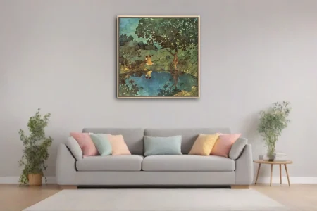 Decorative romantic woodland scene, teal and green watercolor-style washes, figures by a reflective pool