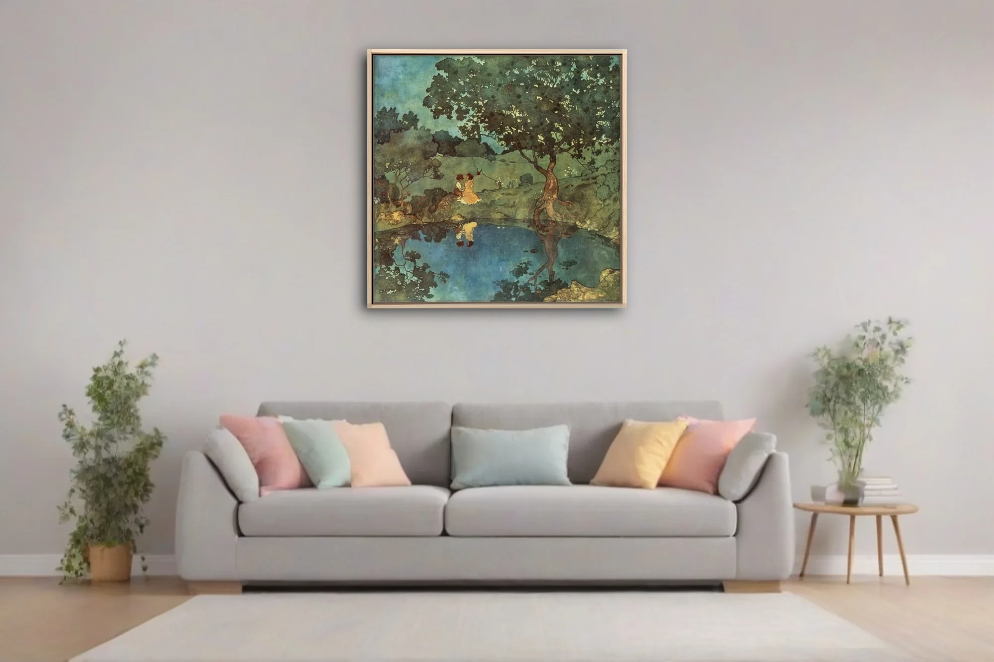 Decorative romantic woodland scene, teal and green watercolor-style washes, figures by a reflective pool