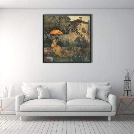 Belle époque garden illustration, figure with parasol, warm amber tones, decorative style