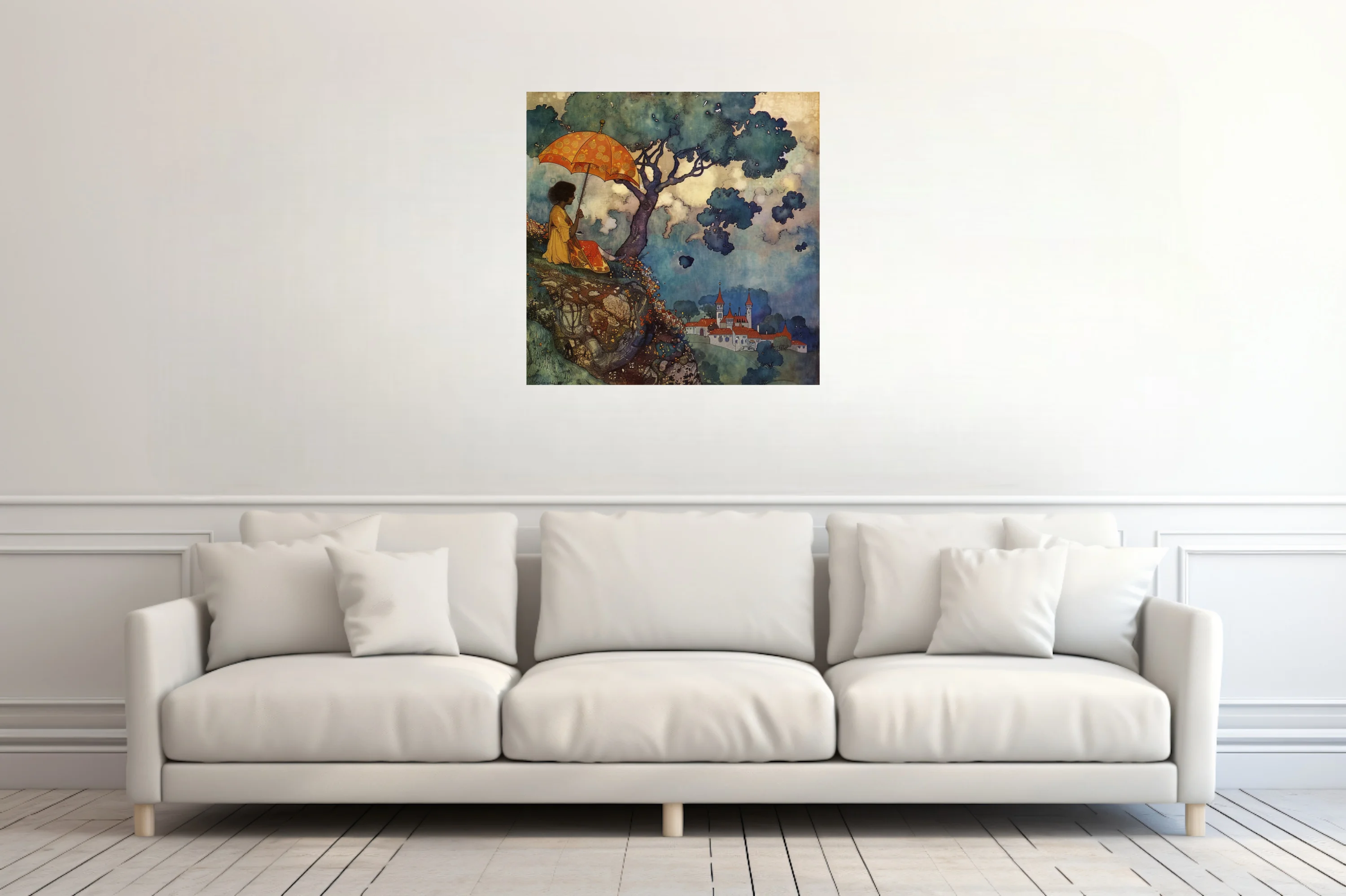 Decorative fantasy illustration, robed figure under tree with ornate parasol, castle in misty valley