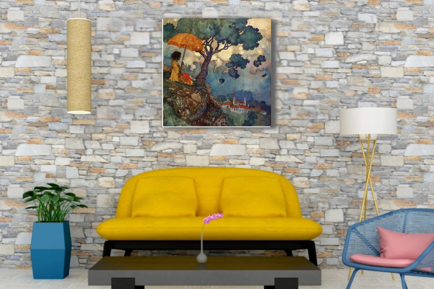 Decorative fantasy illustration, robed figure under tree with ornate parasol, castle in misty valley