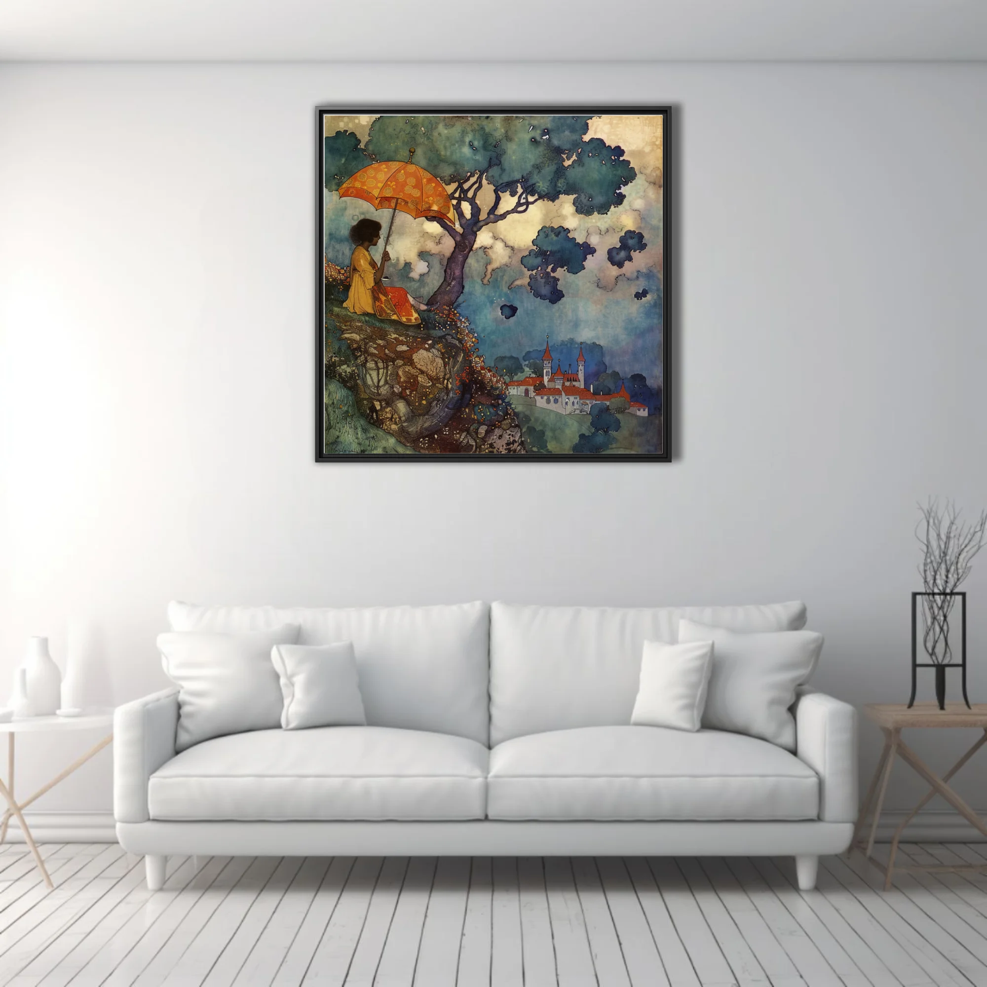 Decorative fantasy illustration, robed figure under tree with ornate parasol, castle in misty valley