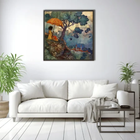 Decorative fantasy illustration, robed figure under tree with ornate parasol, castle in misty valley