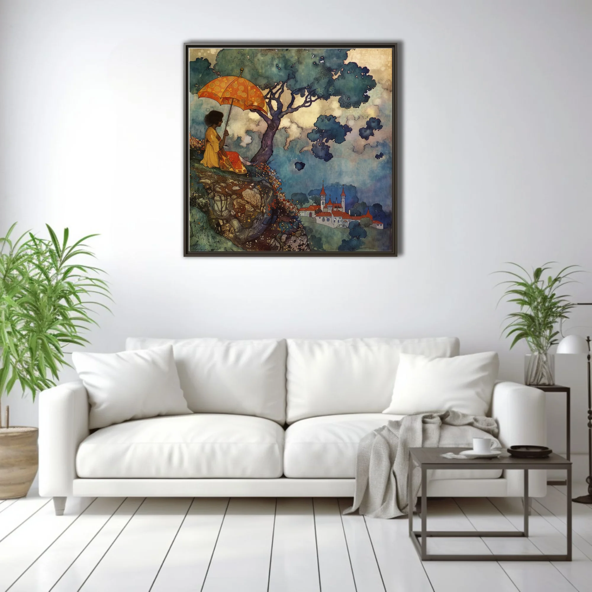 Decorative fantasy illustration, robed figure under tree with ornate parasol, castle in misty valley