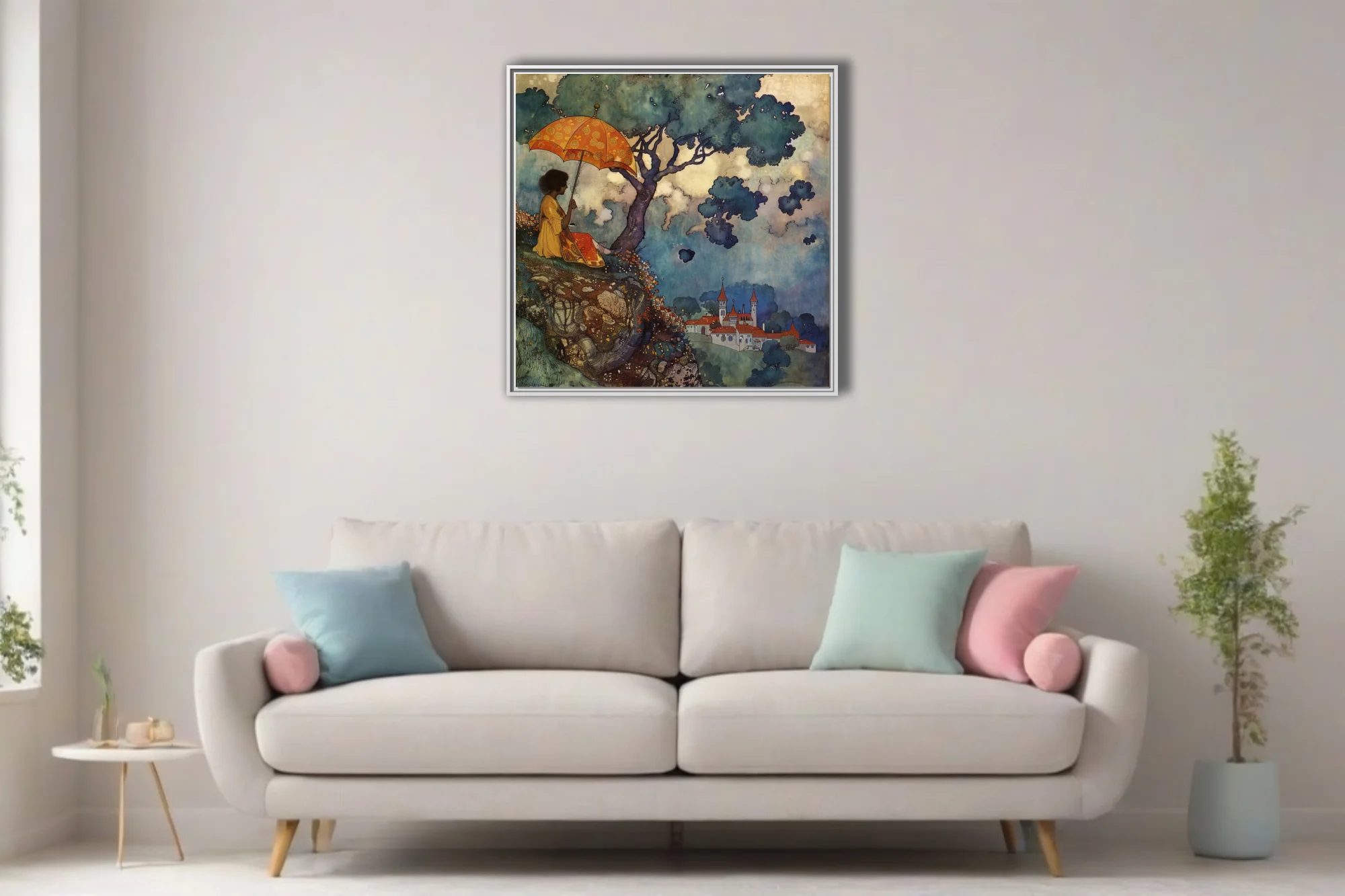 Decorative fantasy illustration, robed figure under tree with ornate parasol, castle in misty valley
