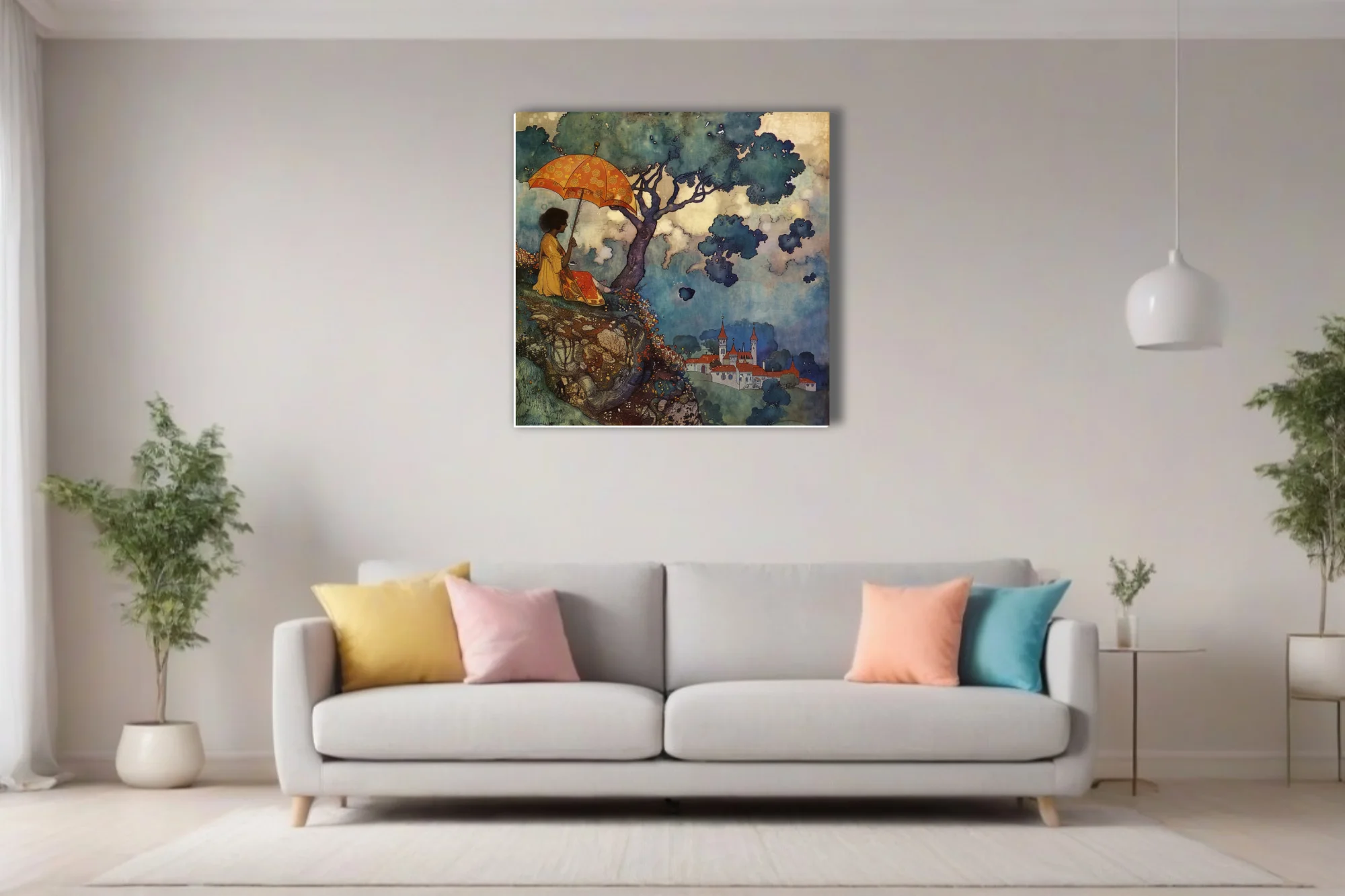Decorative fantasy illustration, robed figure under tree with ornate parasol, castle in misty valley