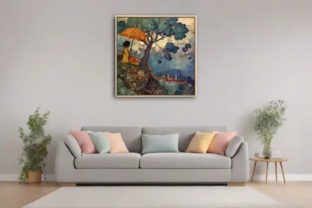Decorative fantasy illustration, robed figure under tree with ornate parasol, castle in misty valley