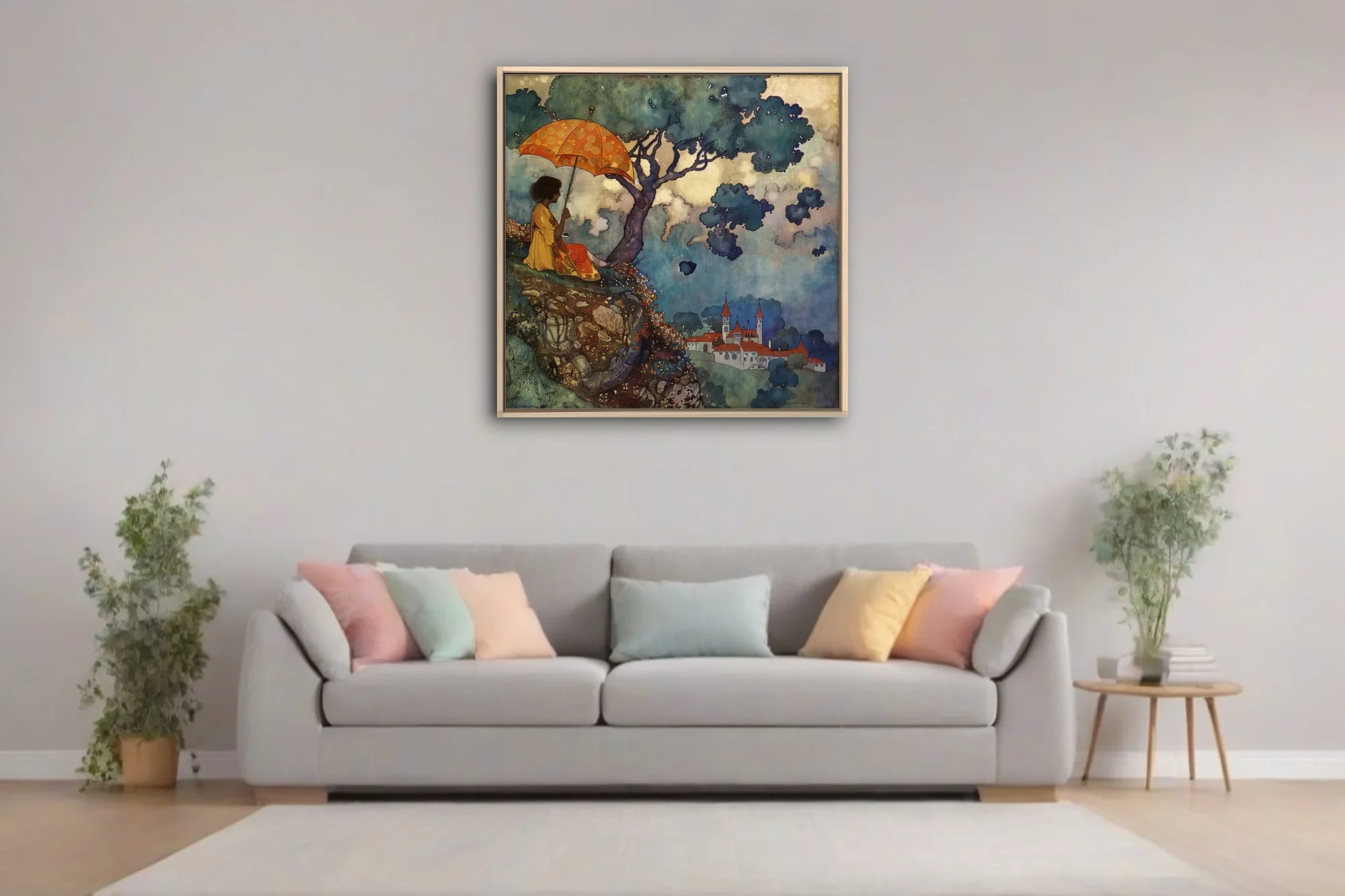 Decorative fantasy illustration, robed figure under tree with ornate parasol, castle in misty valley
