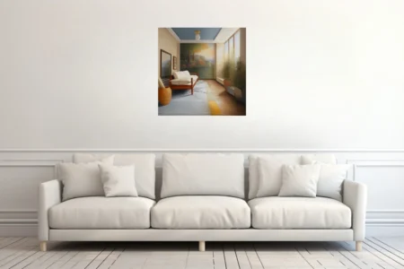 Painted interior scene with warm tones, botanical plant, and landscape mural wall