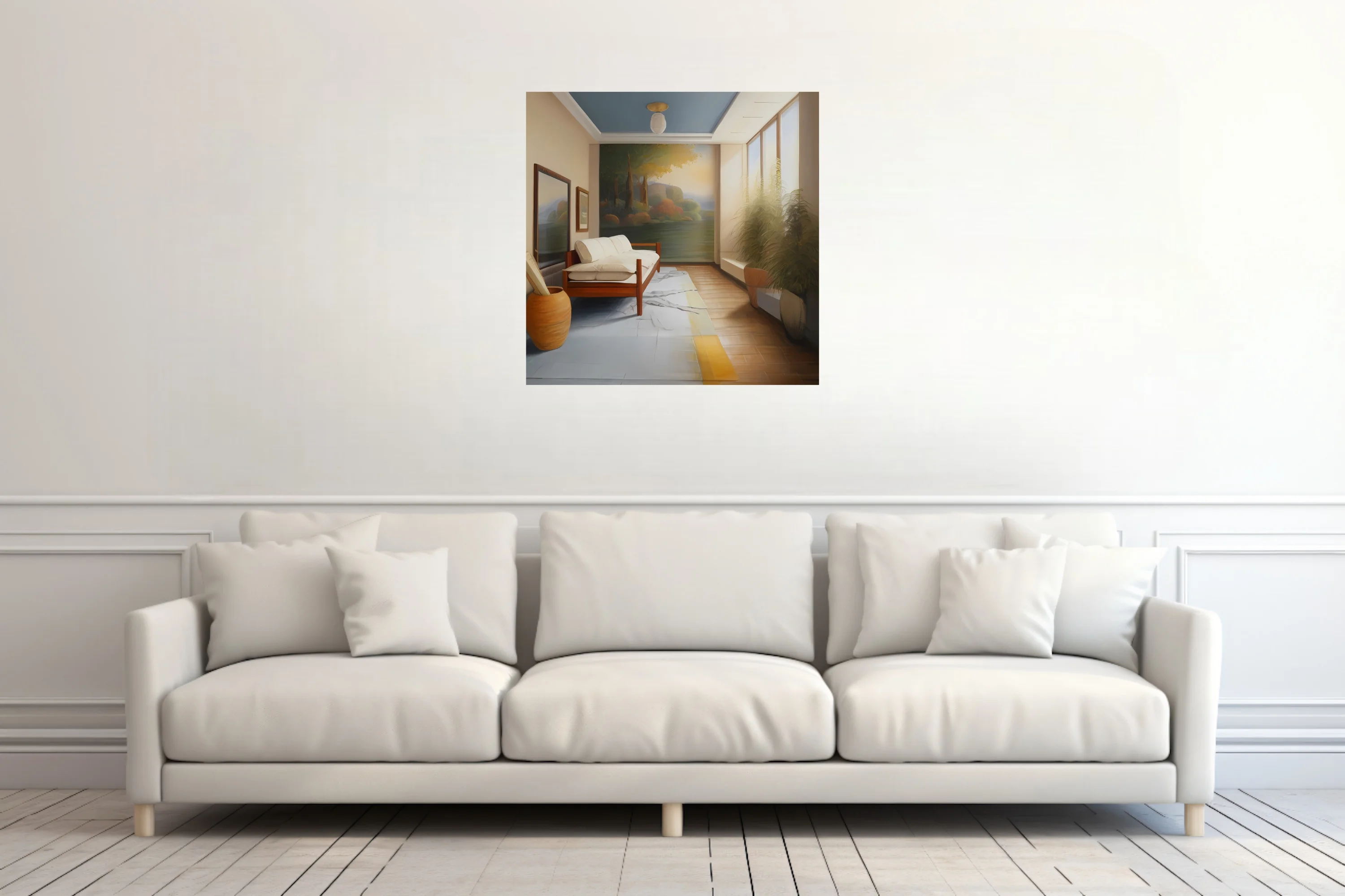 Painted interior scene with warm tones, botanical plant, and landscape mural wall