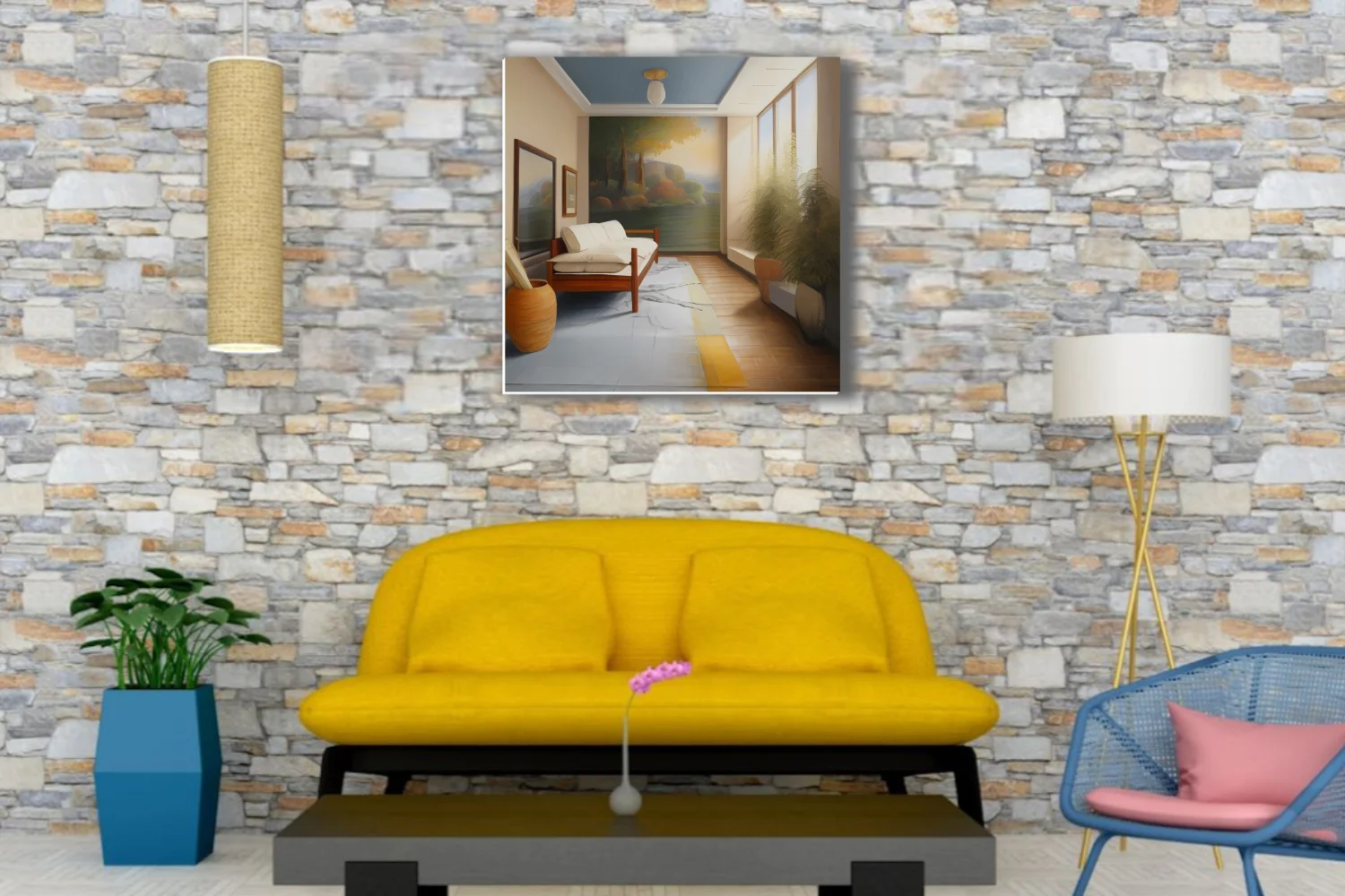 Painted interior scene with warm tones, botanical plant, and landscape mural wall