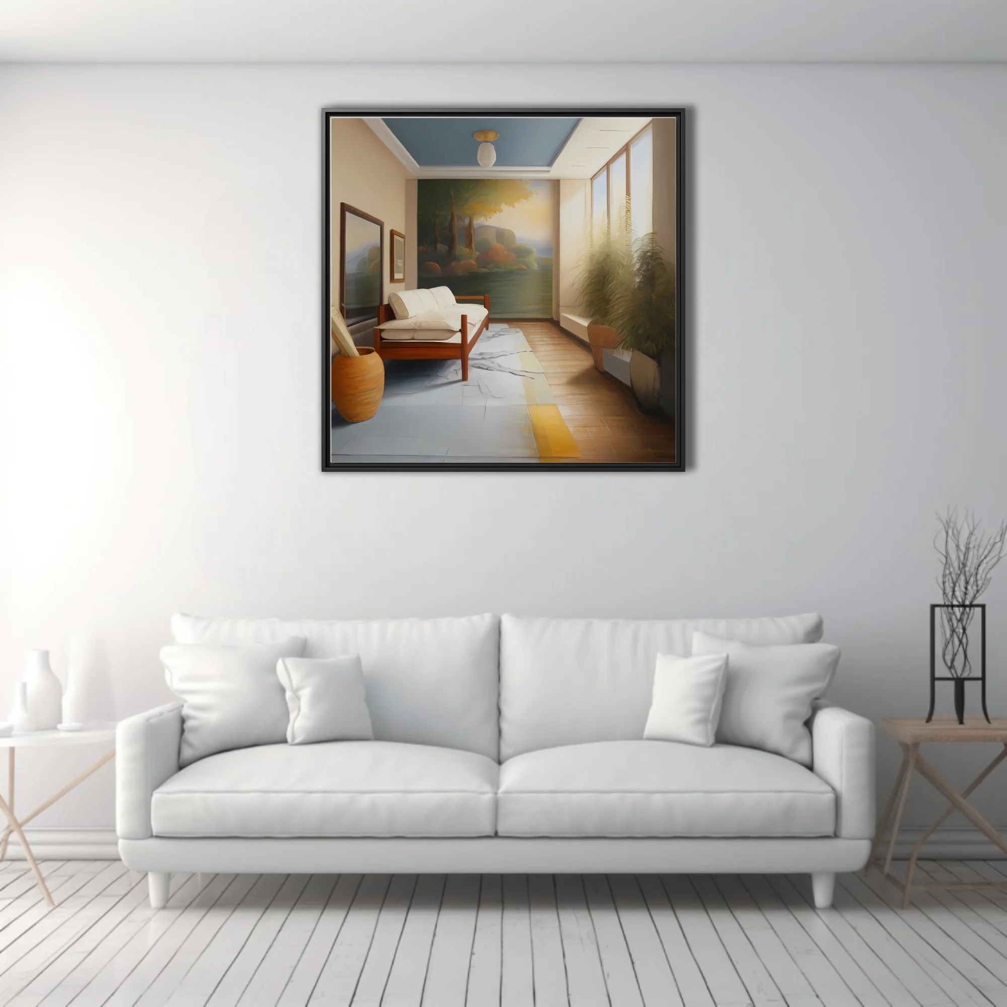 Painted interior scene with warm tones, botanical plant, and landscape mural wall