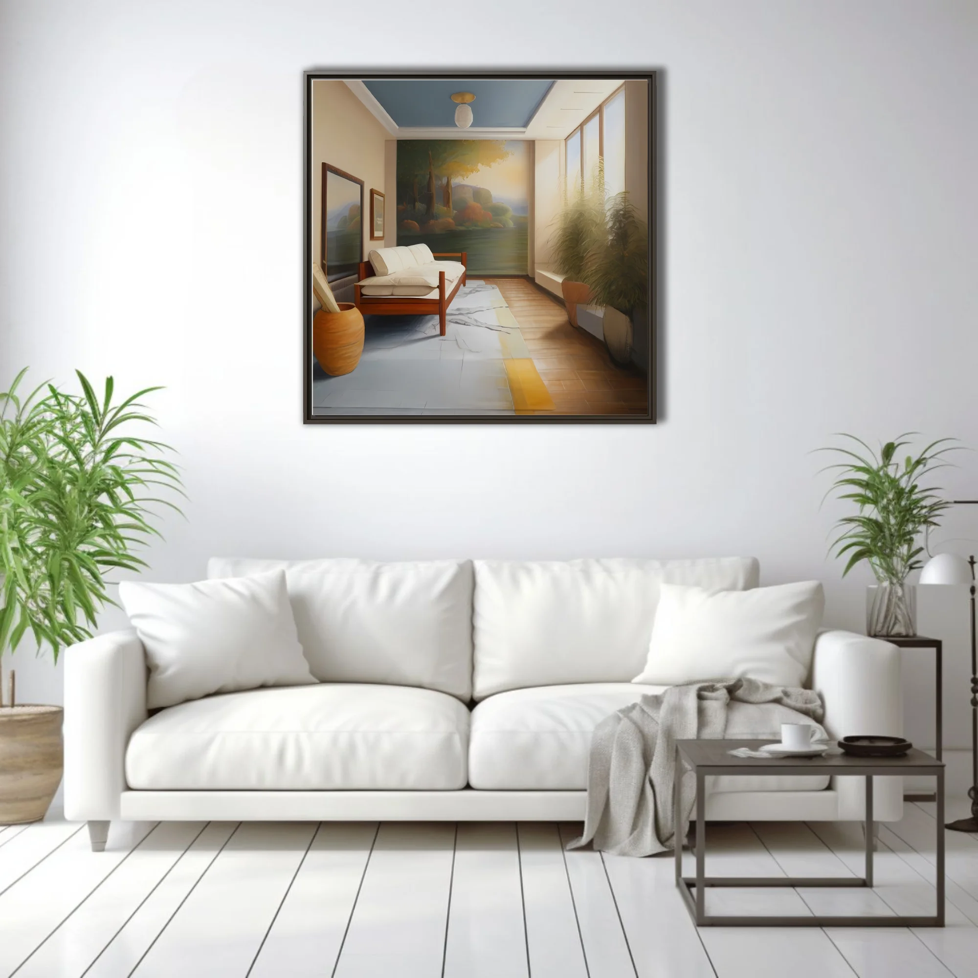 Painted interior scene with warm tones, botanical plant, and landscape mural wall