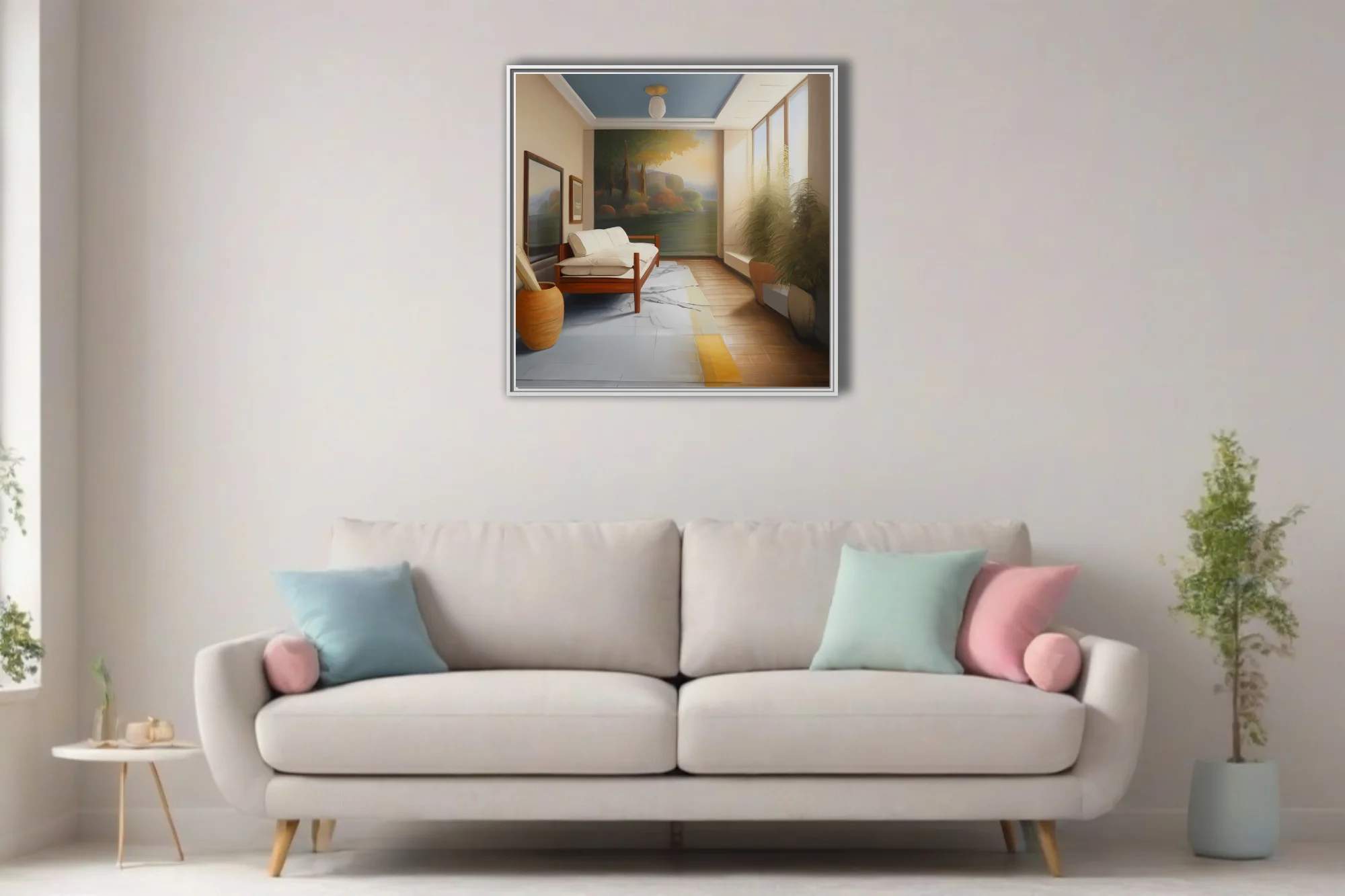 Painted interior scene with warm tones, botanical plant, and landscape mural wall