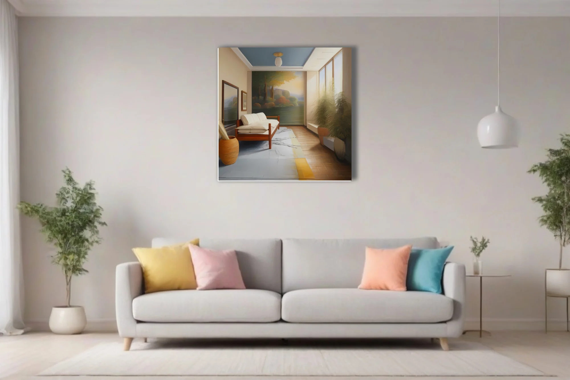 Painted interior scene with warm tones, botanical plant, and landscape mural wall