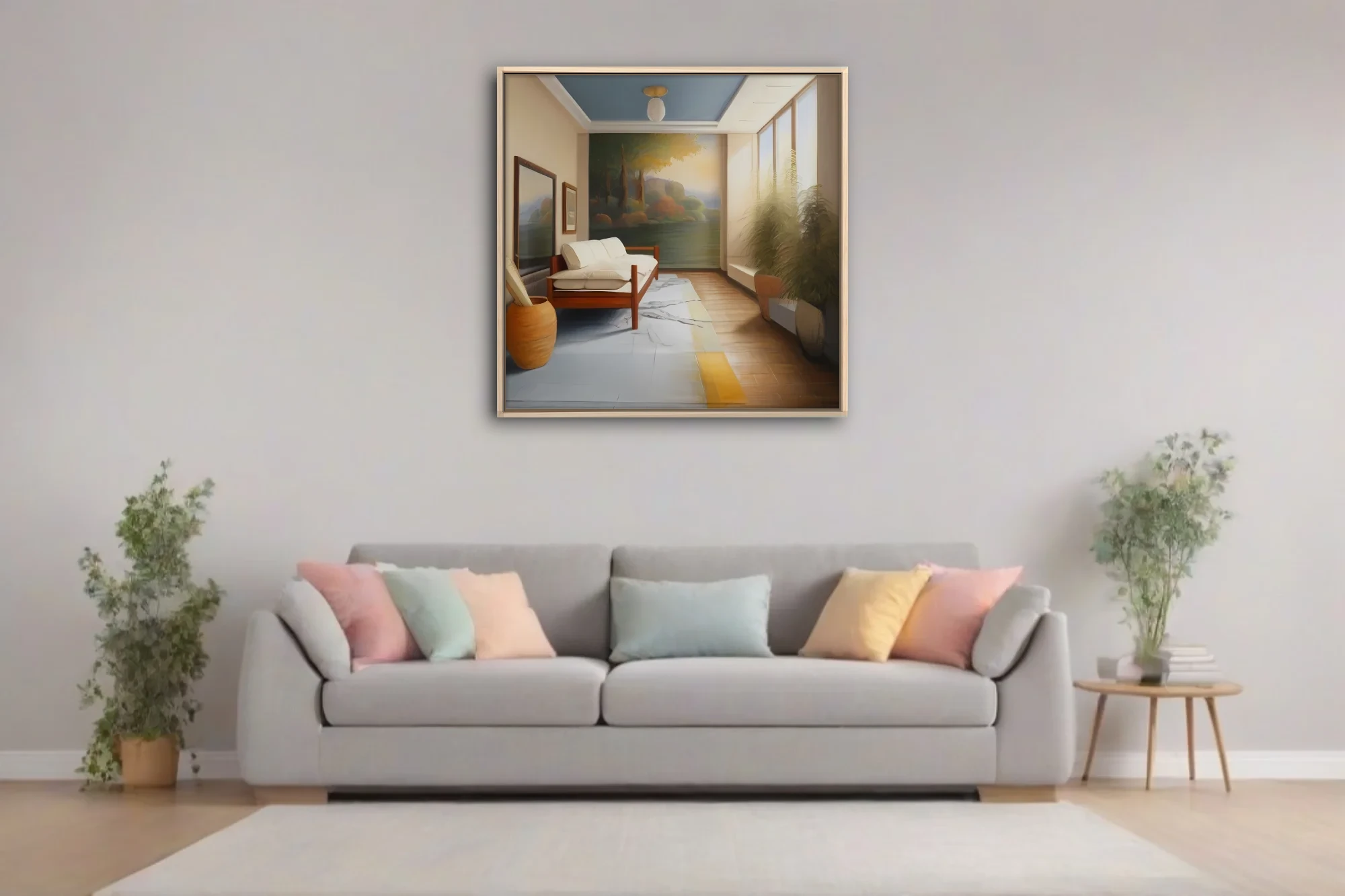 Painted interior scene with warm tones, botanical plant, and landscape mural wall