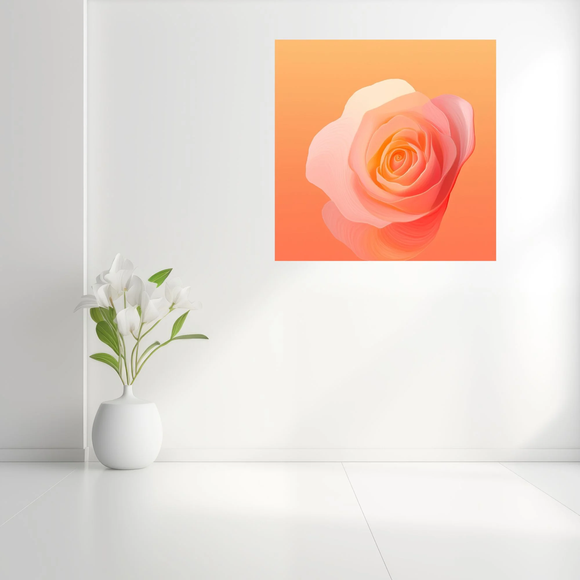 Abstract rose in peach coral gradient, layered translucent petals, warm romantic tone
