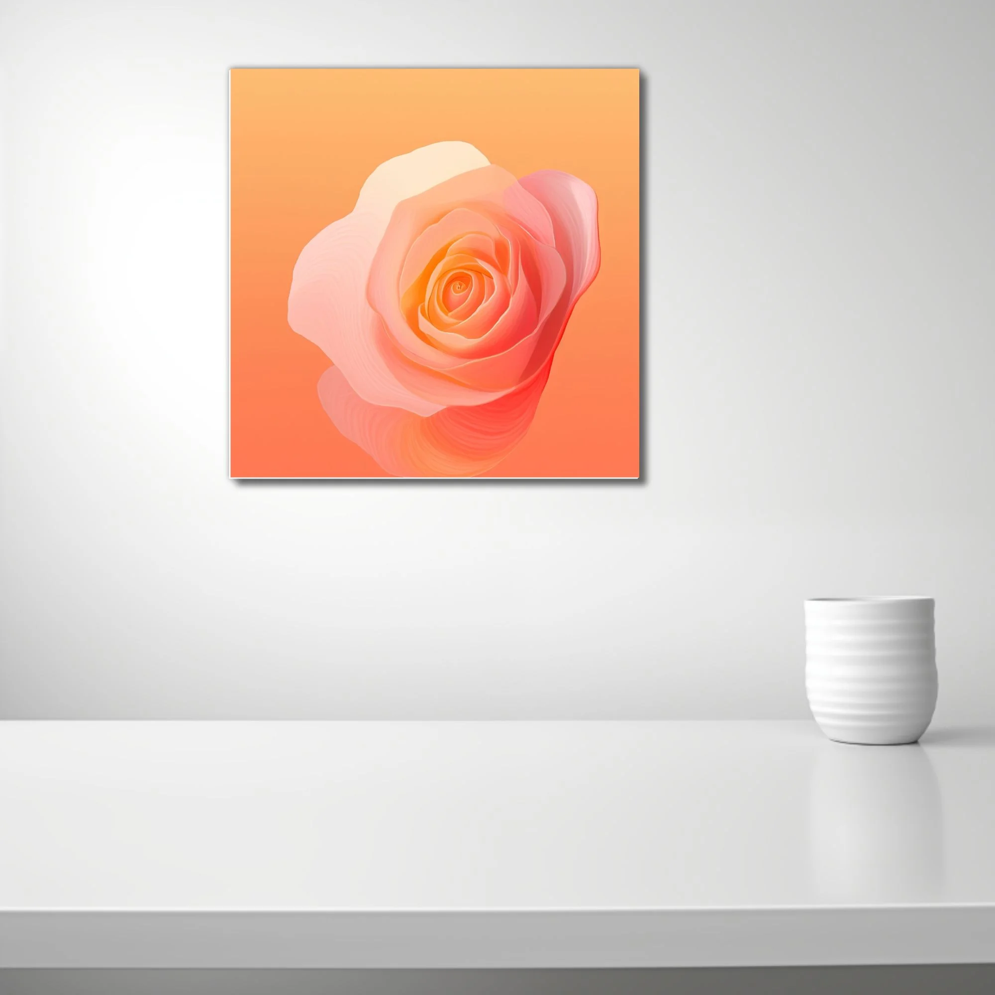 Abstract rose in peach coral gradient, layered translucent petals, warm romantic tone