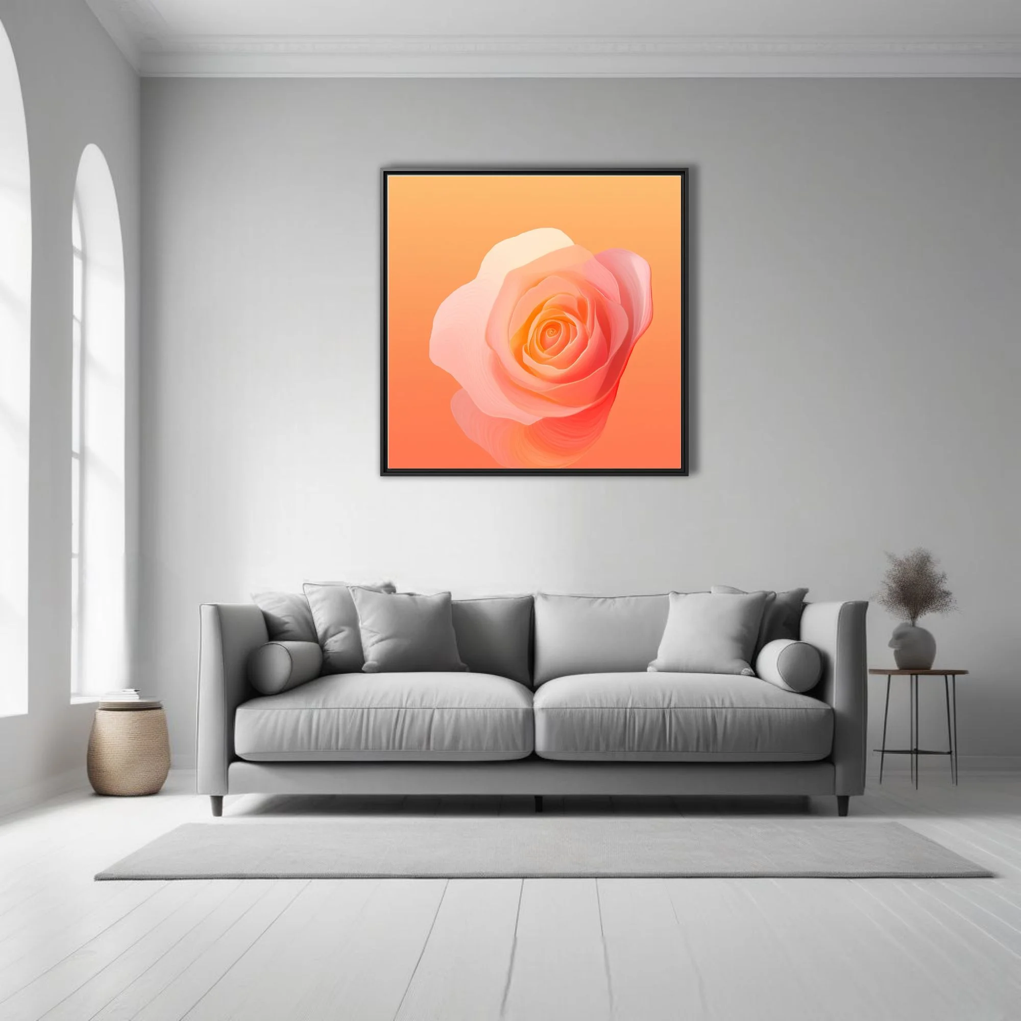 Abstract rose in peach coral gradient, layered translucent petals, warm romantic tone