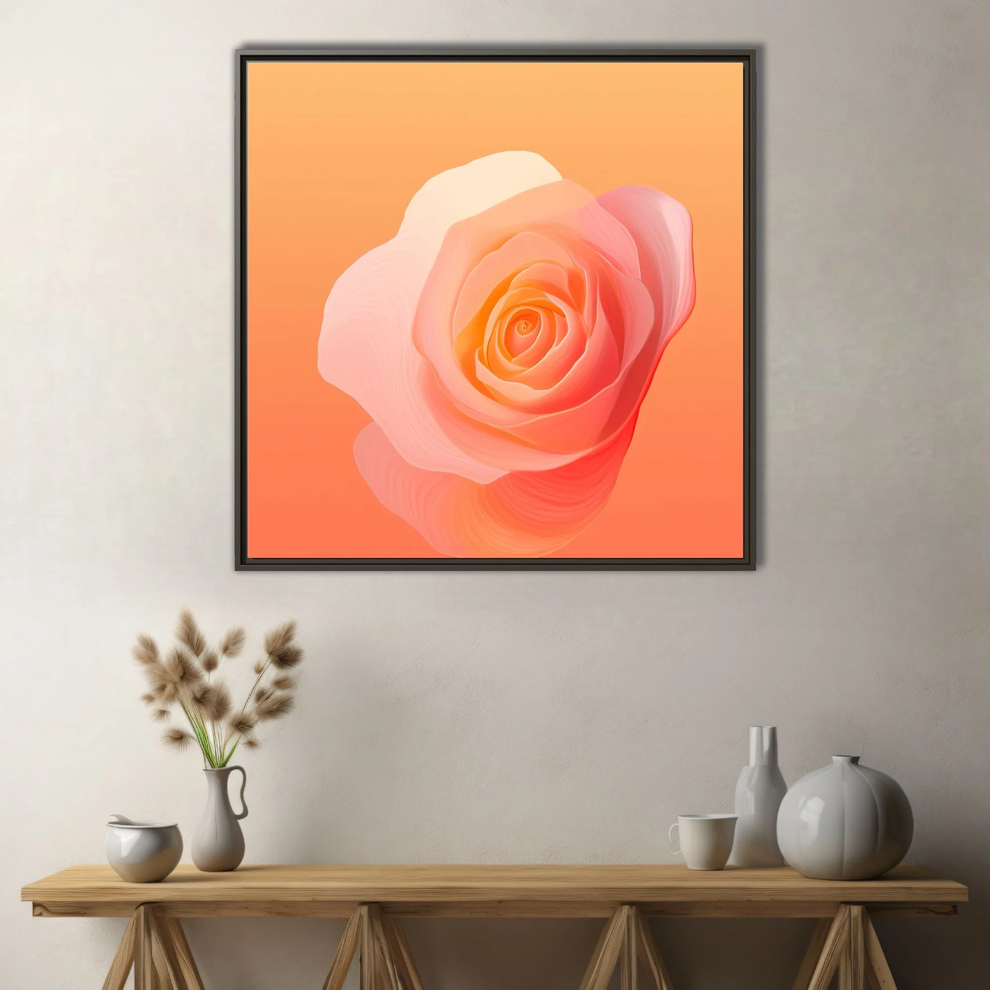 Abstract rose in peach coral gradient, layered translucent petals, warm romantic tone