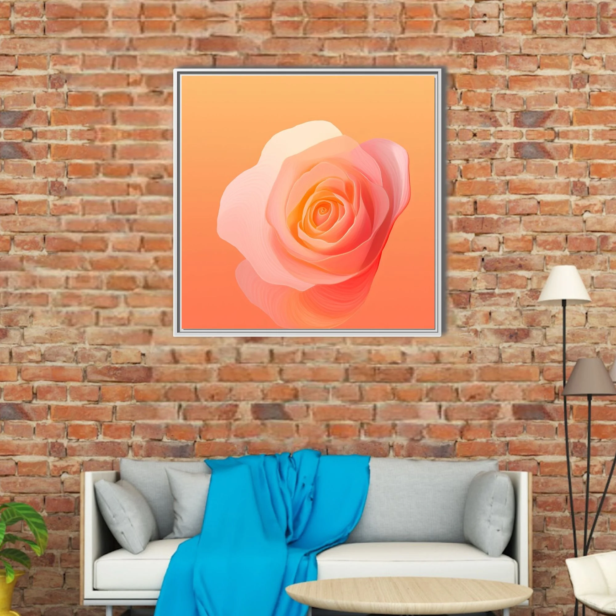 Abstract rose in peach coral gradient, layered translucent petals, warm romantic tone