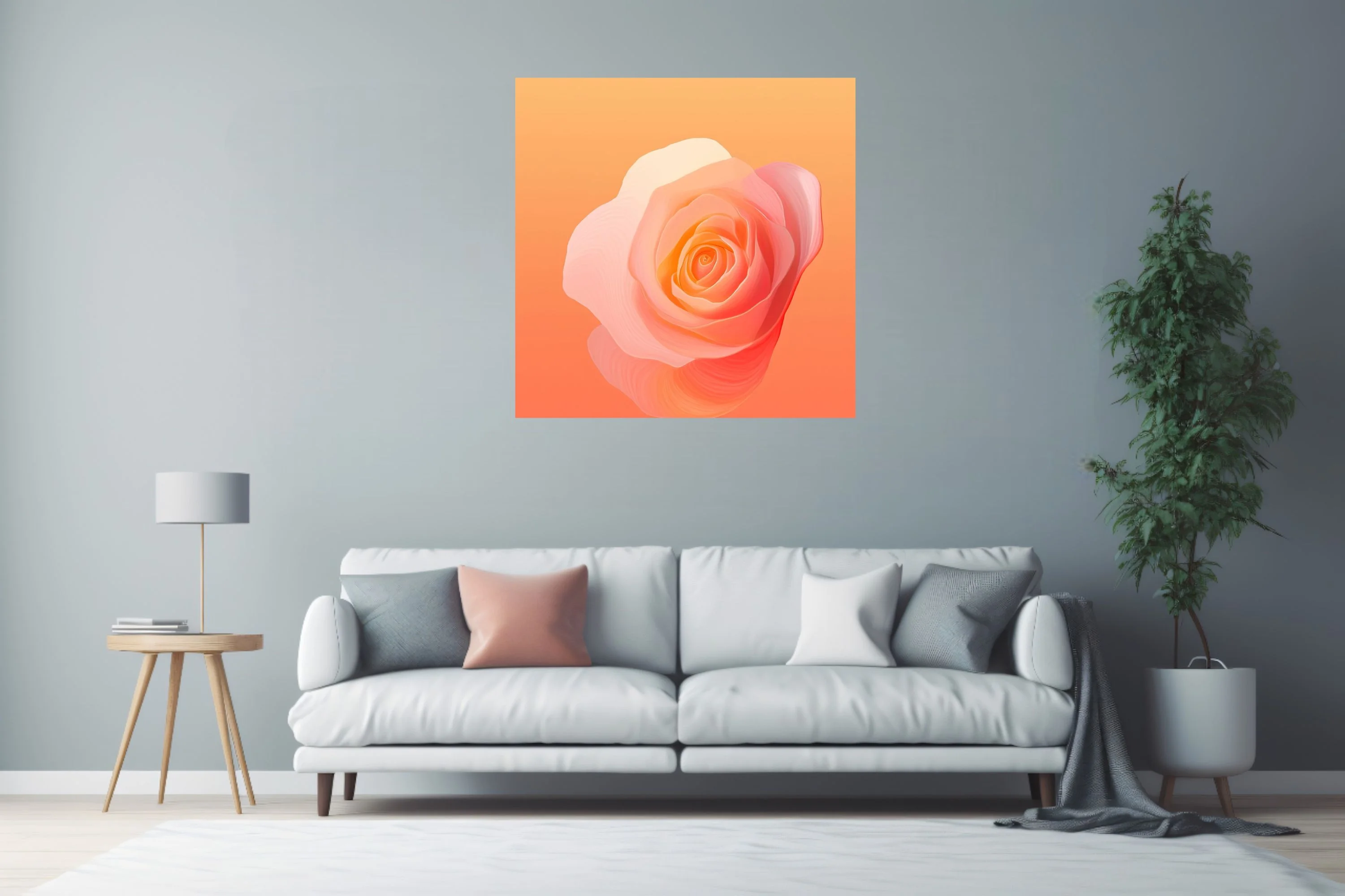 Abstract rose in peach coral gradient, layered translucent petals, warm romantic tone