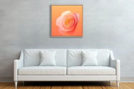 Abstract rose in peach coral gradient, layered translucent petals, warm romantic tone