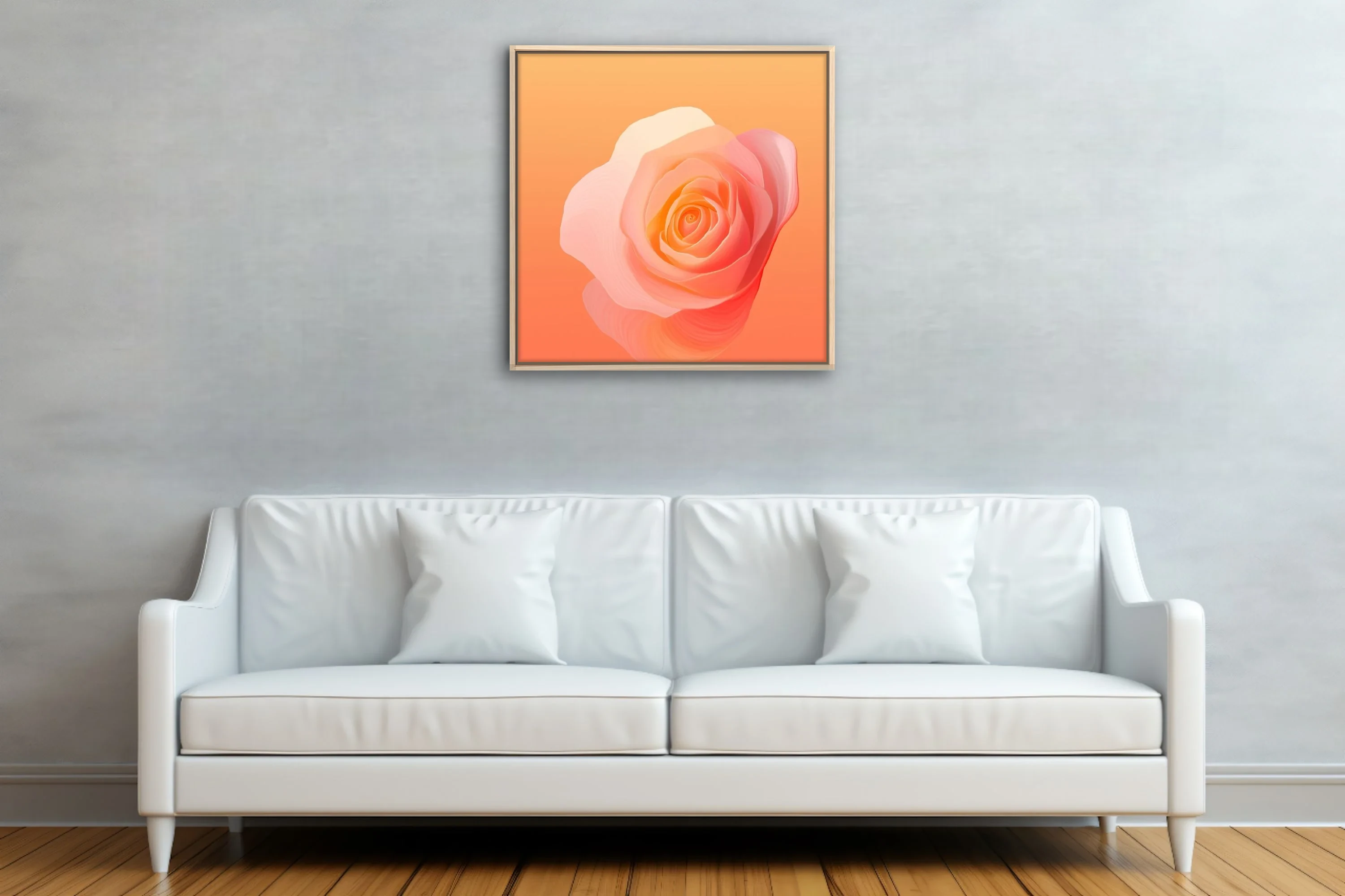 Abstract rose in peach coral gradient, layered translucent petals, warm romantic tone