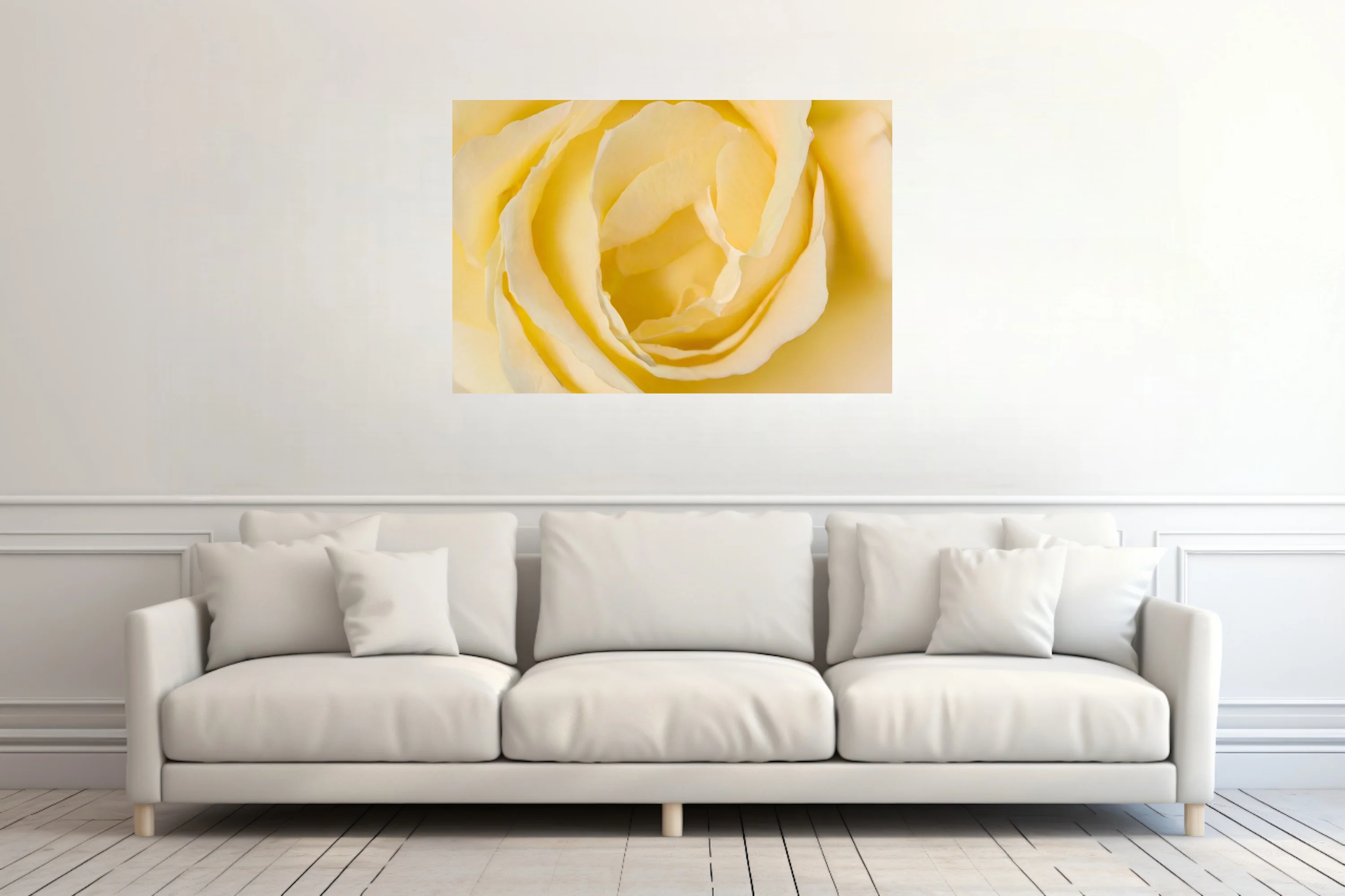 Macro yellow rose close-up, cream and butter petals, soft warm tones