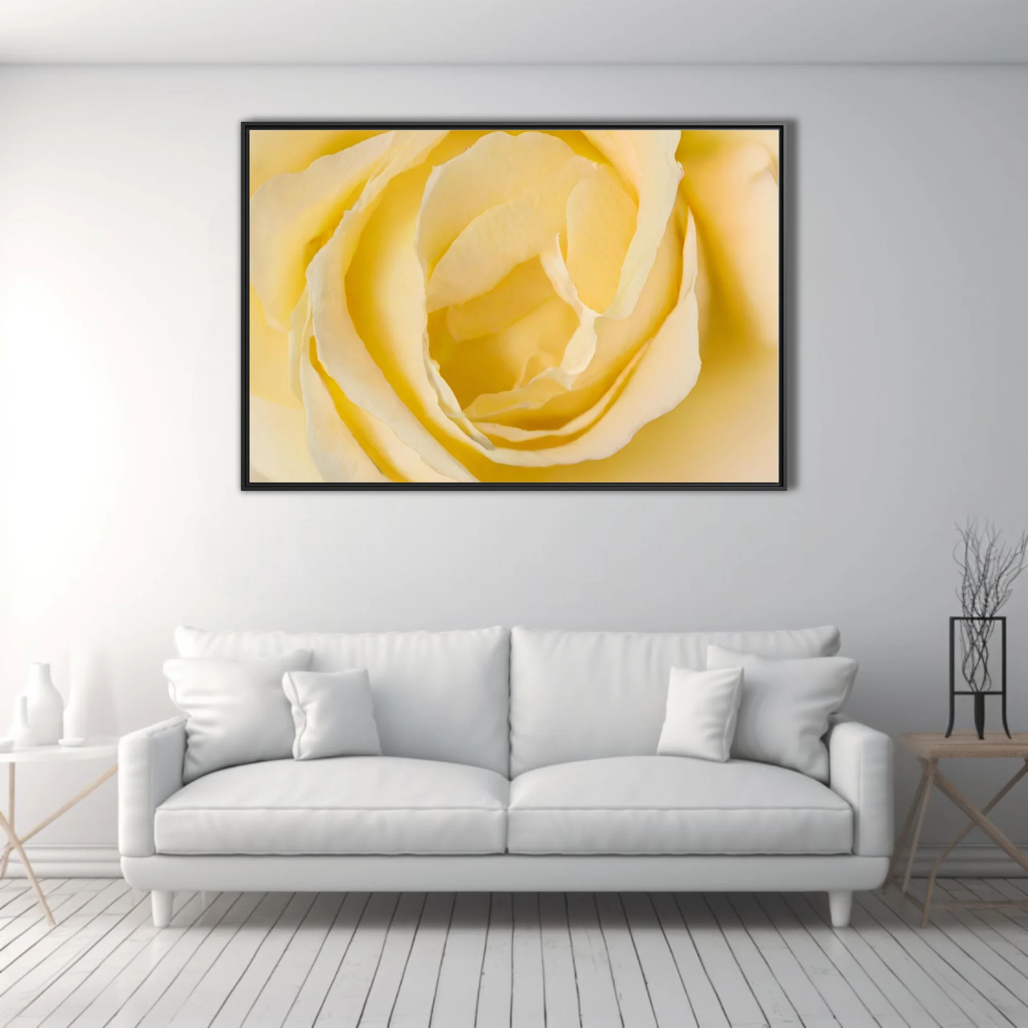 Macro yellow rose close-up, cream and butter petals, soft warm tones