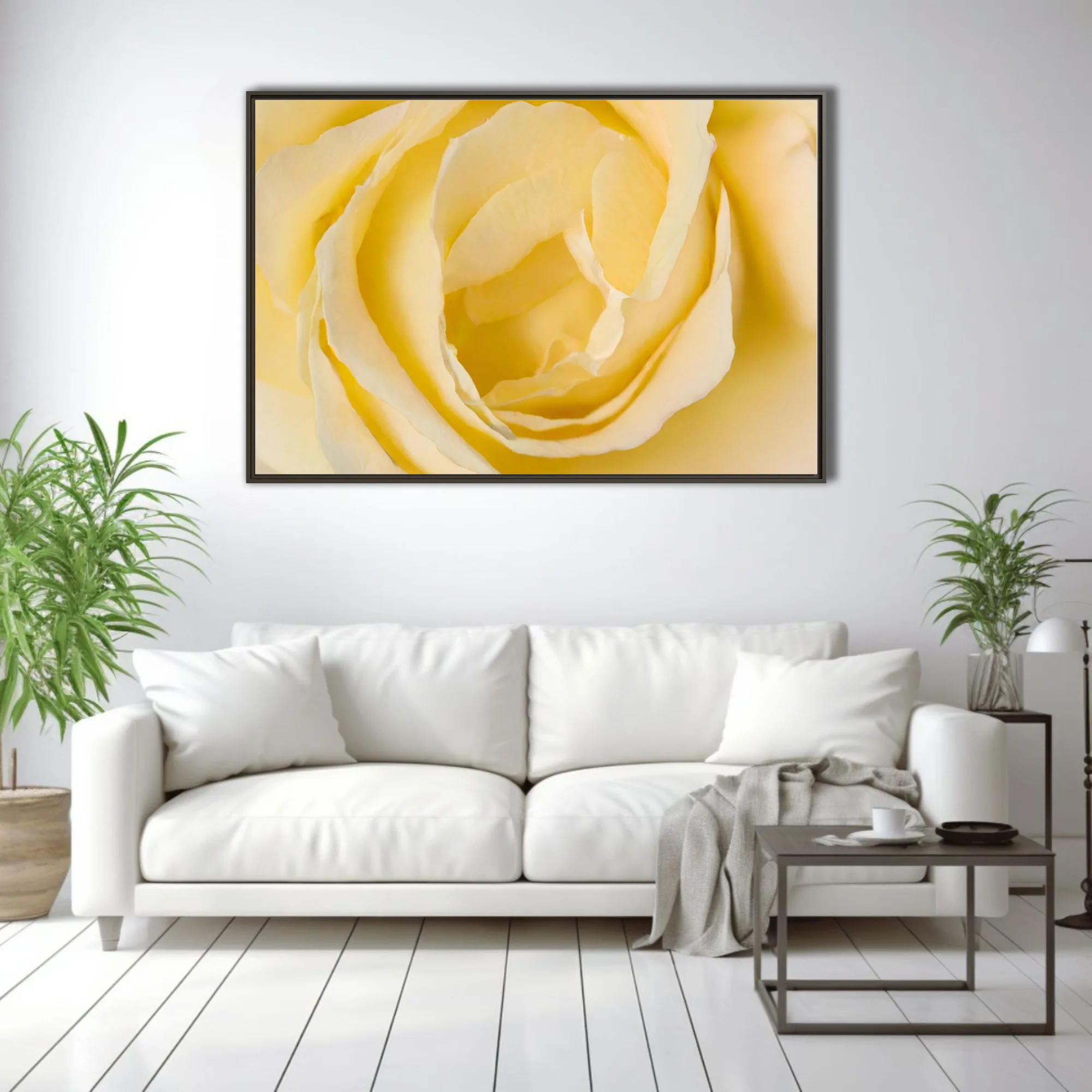 Macro yellow rose close-up, cream and butter petals, soft warm tones