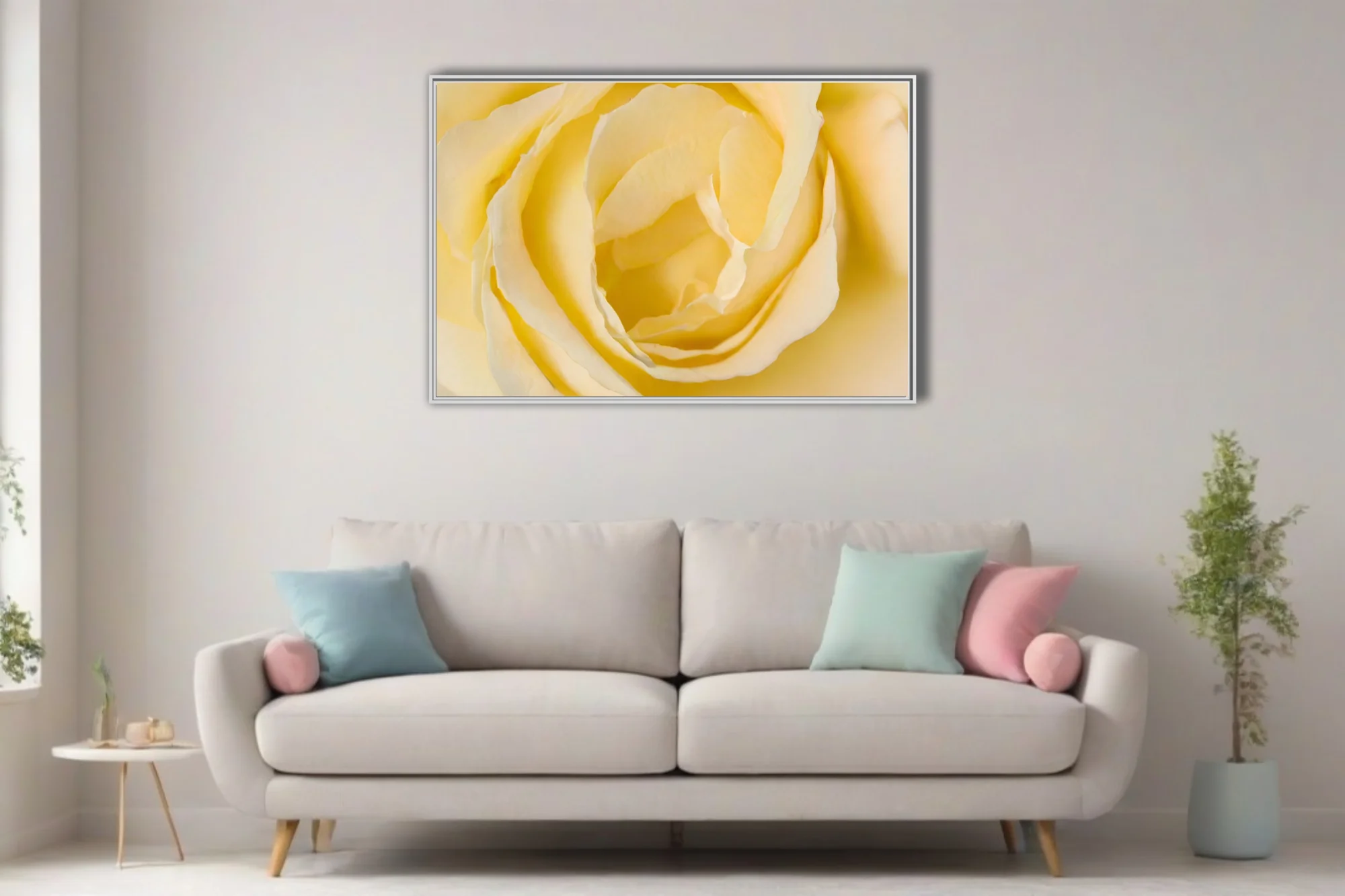 Macro yellow rose close-up, cream and butter petals, soft warm tones