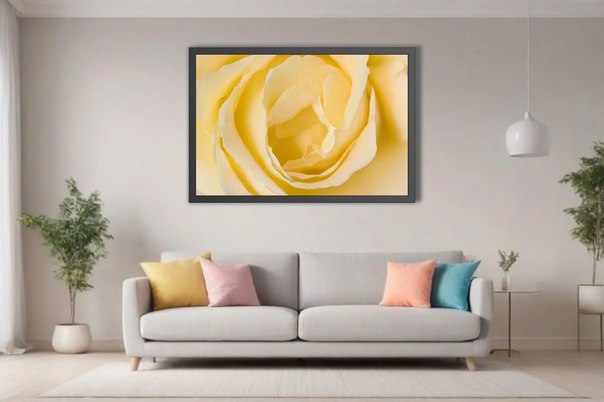 Macro yellow rose close-up, cream and butter petals, soft warm tones